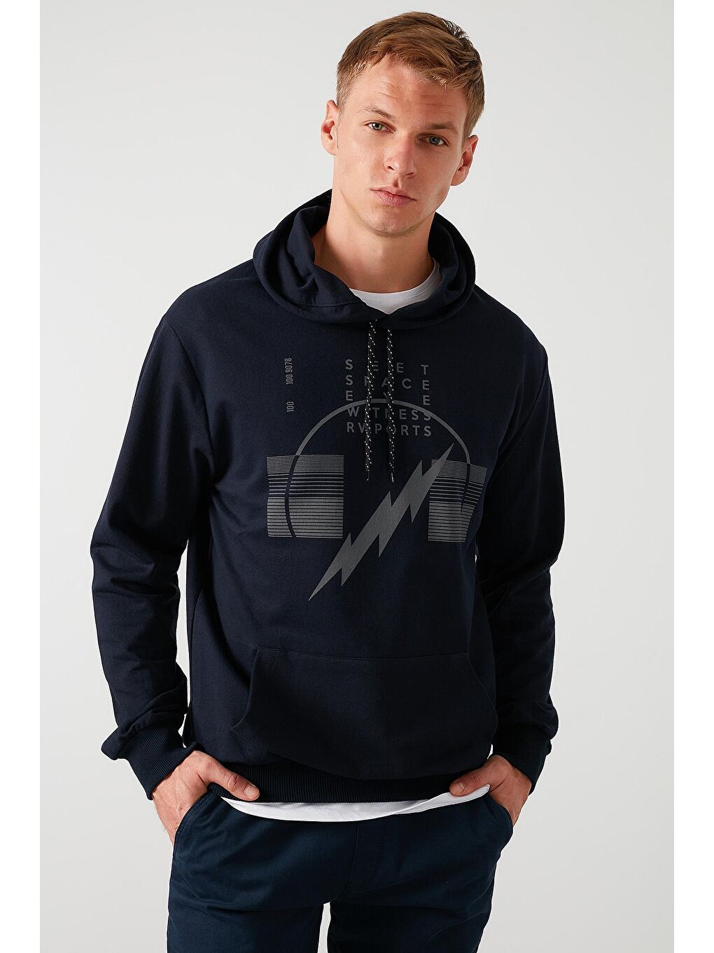 Lacivert Pamuklu Baskılı Kanguru Cepli Kapüşonlu Sweat 541SIMSEK-1