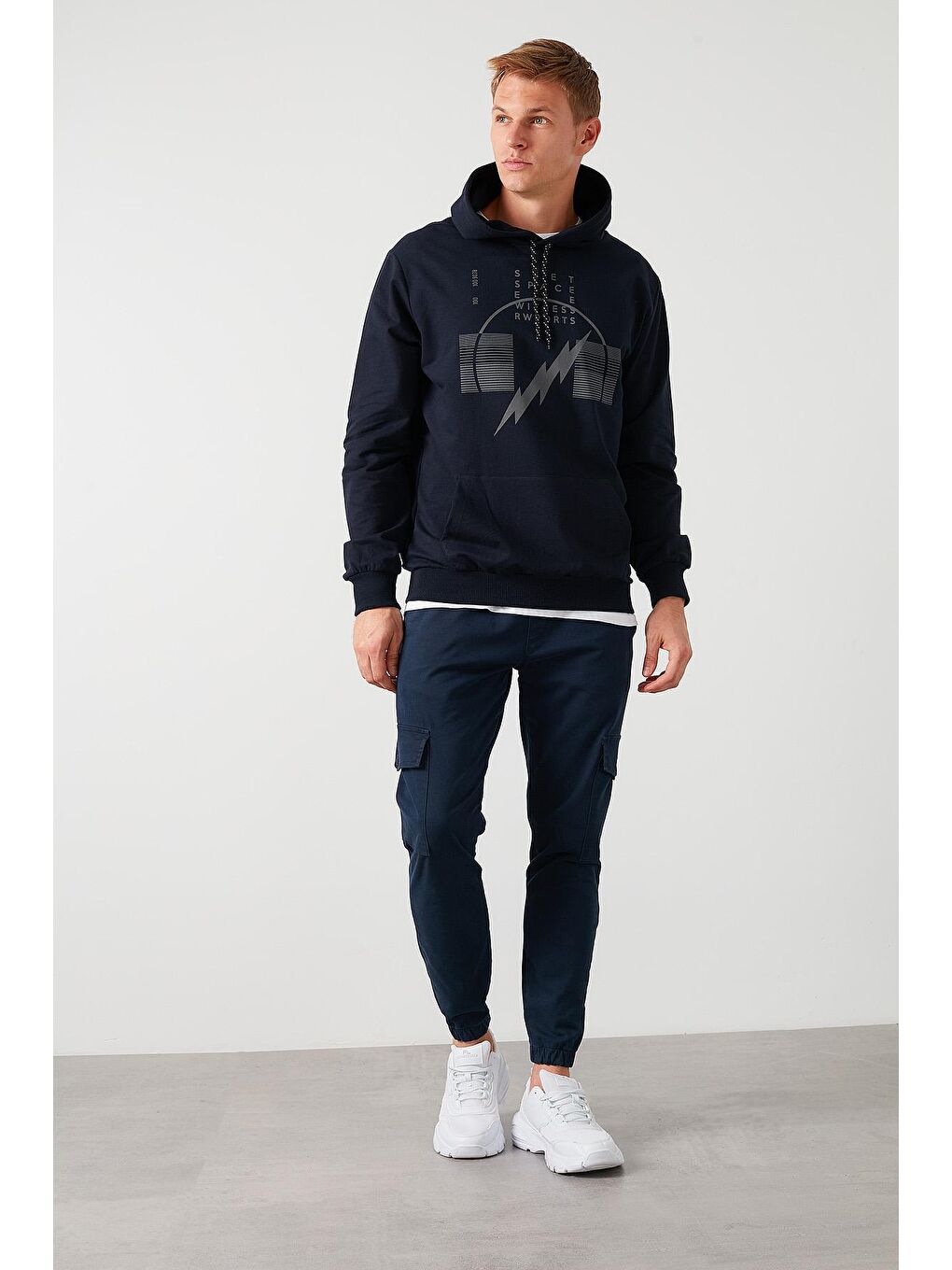 Lacivert Pamuklu Baskılı Kanguru Cepli Kapüşonlu Sweat 541SIMSEK-2