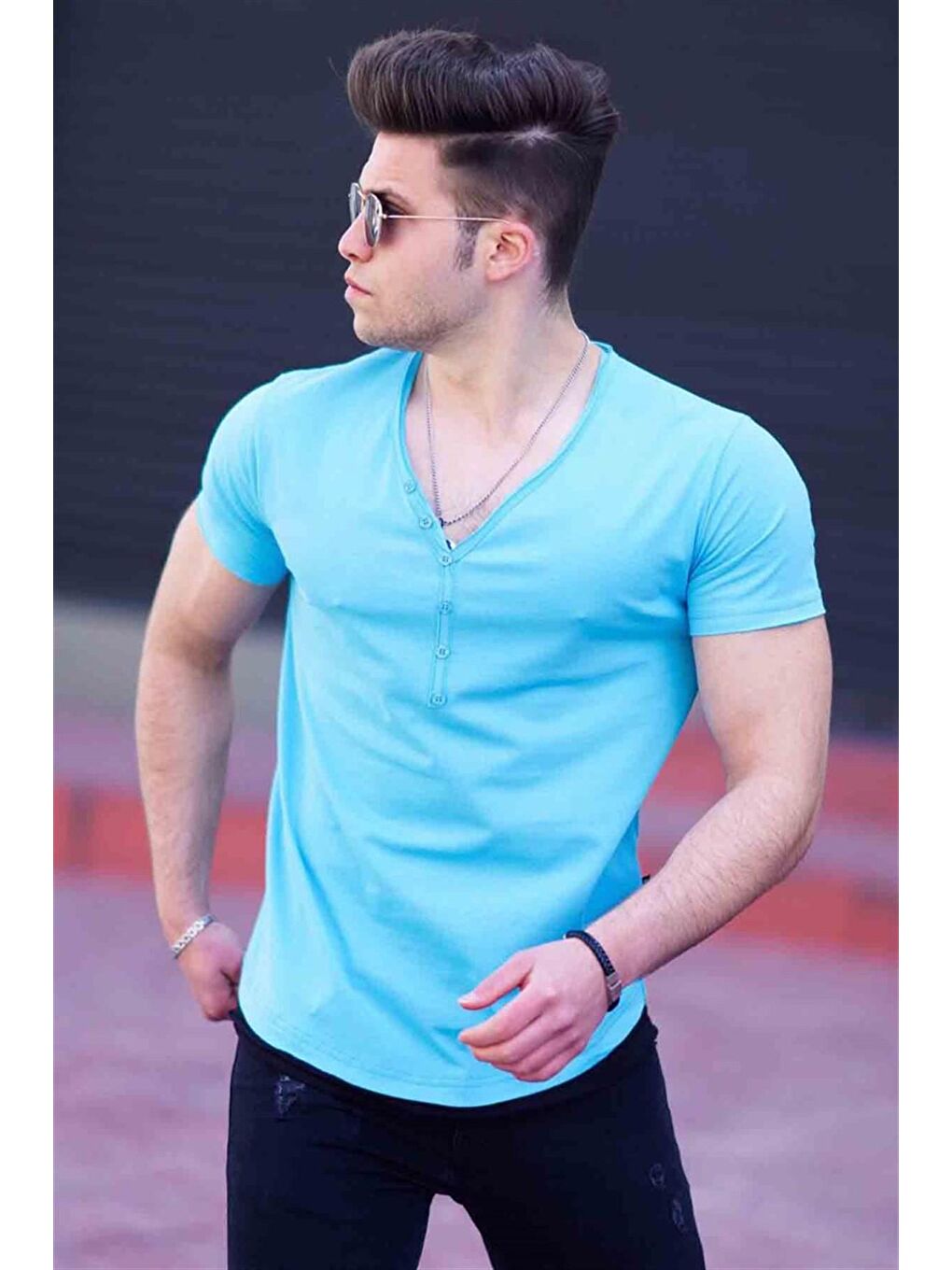 Düğmeli Turkuaz Erkek Tişört 4490