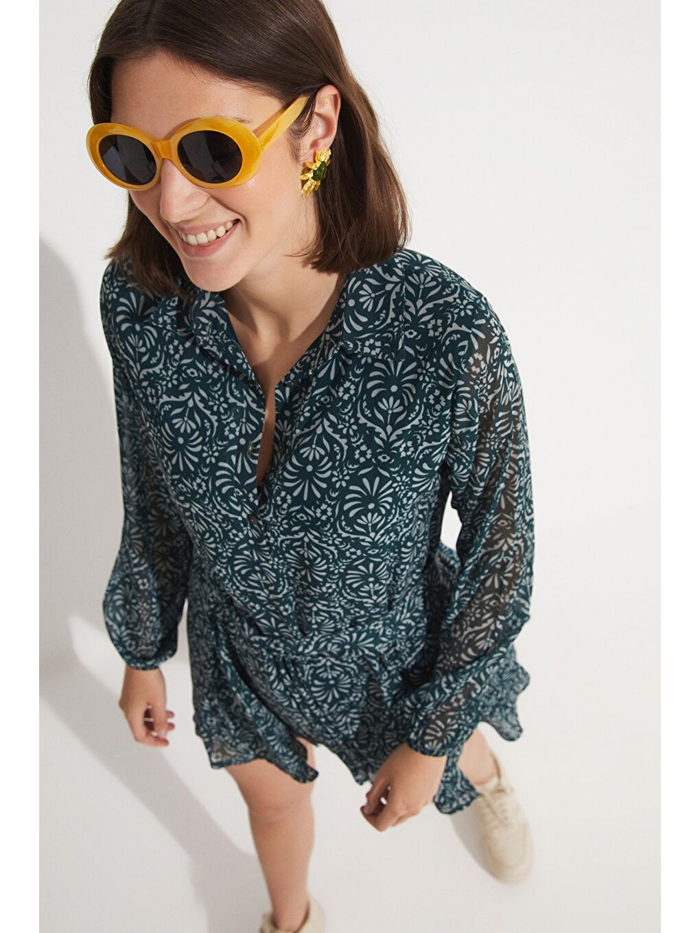 Yeşil Desenli Pileli Mini Elbise-3