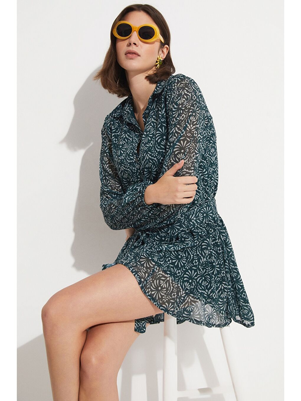 Yeşil Desenli Pileli Mini Elbise-4