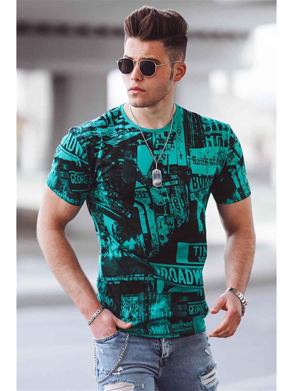 Yeşil Baskılı Erkek Tişört 3087