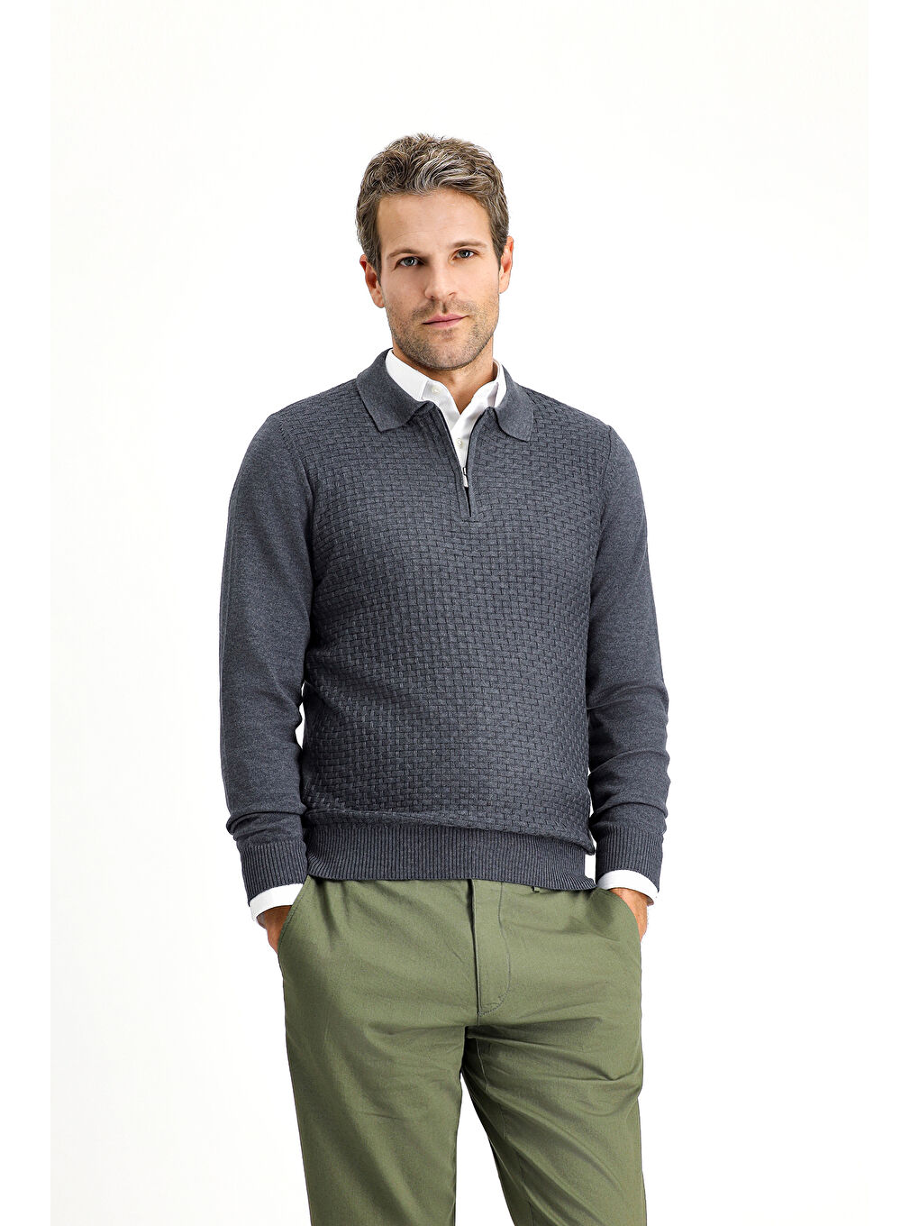 Antrasit Polo Yaka Regular Fit Fermuarlı Desenli Pamuklu Triko Kazak-2