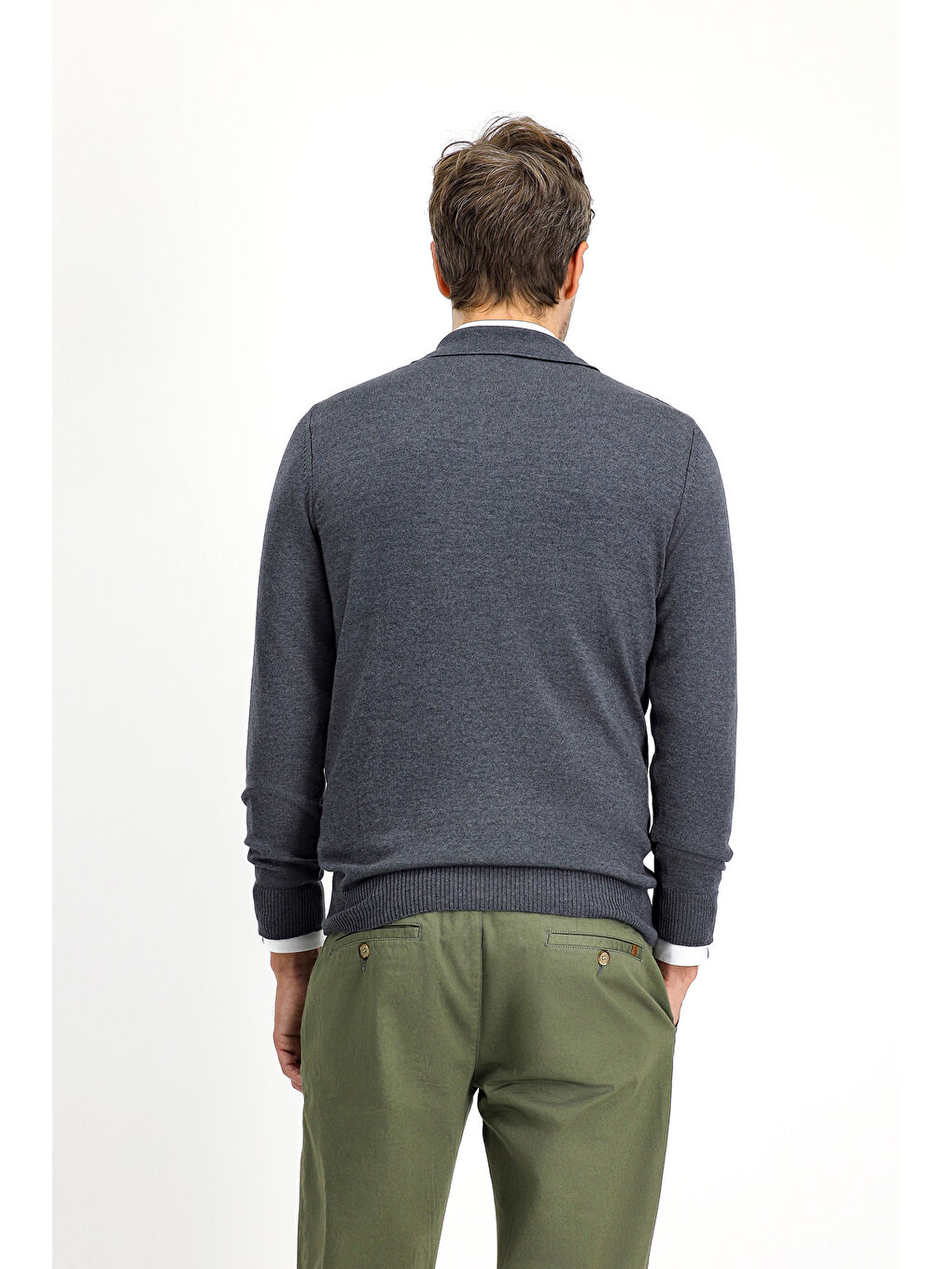 Antrasit Polo Yaka Regular Fit Fermuarlı Desenli Pamuklu Triko Kazak-3