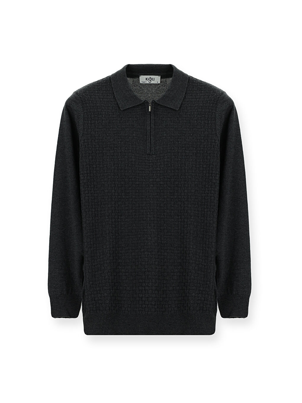 Antrasit Polo Yaka Regular Fit Fermuarlı Desenli Pamuklu Triko Kazak-5