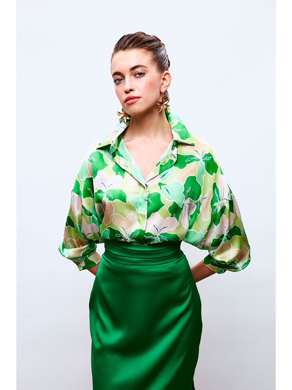 Çiçek Desenli Salaş Gömlek - Yeşil-Yağ Yeşili