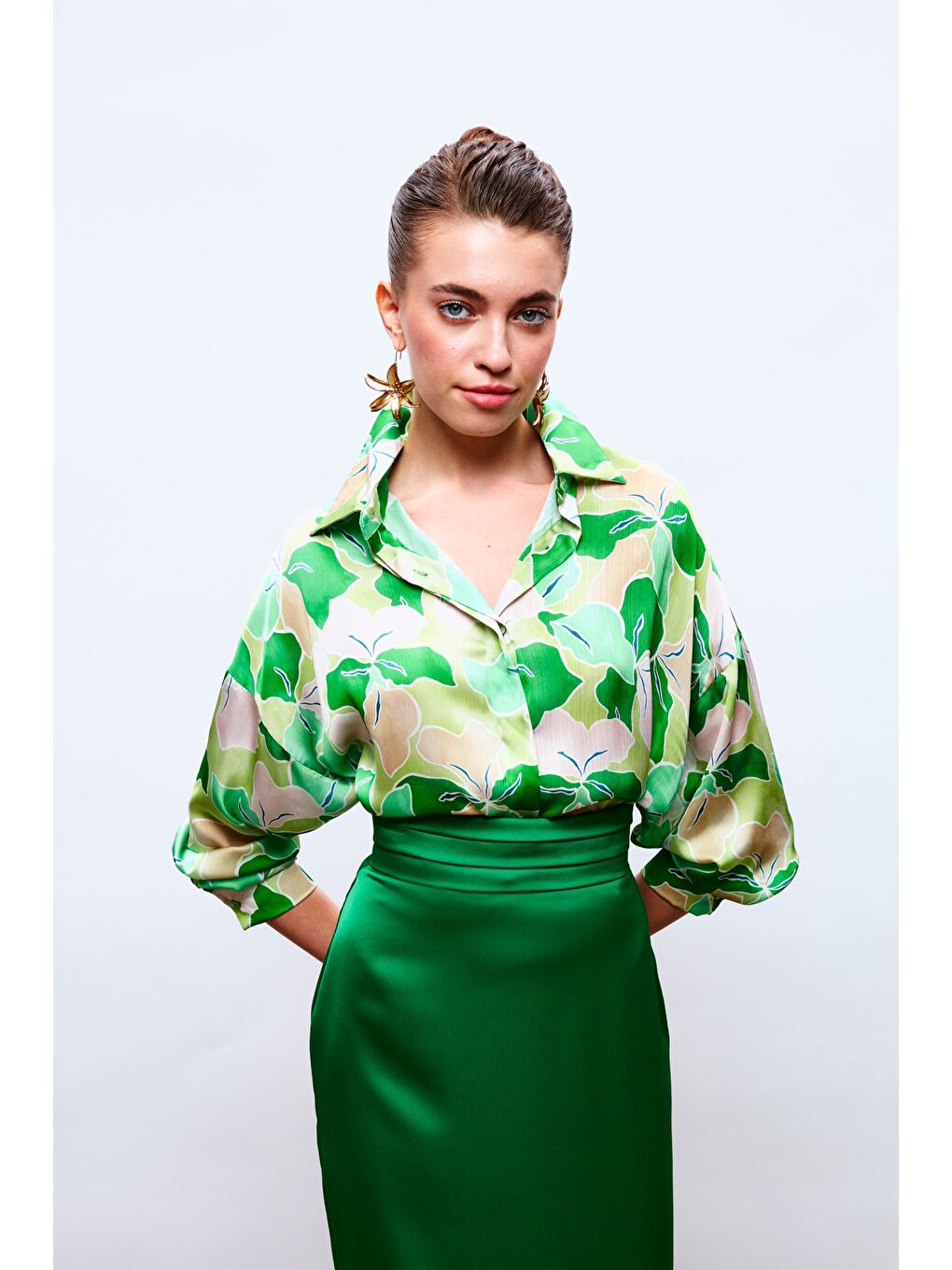 Çiçek Desenli Salaş Gömlek - Yeşil-Yağ Yeşili-1