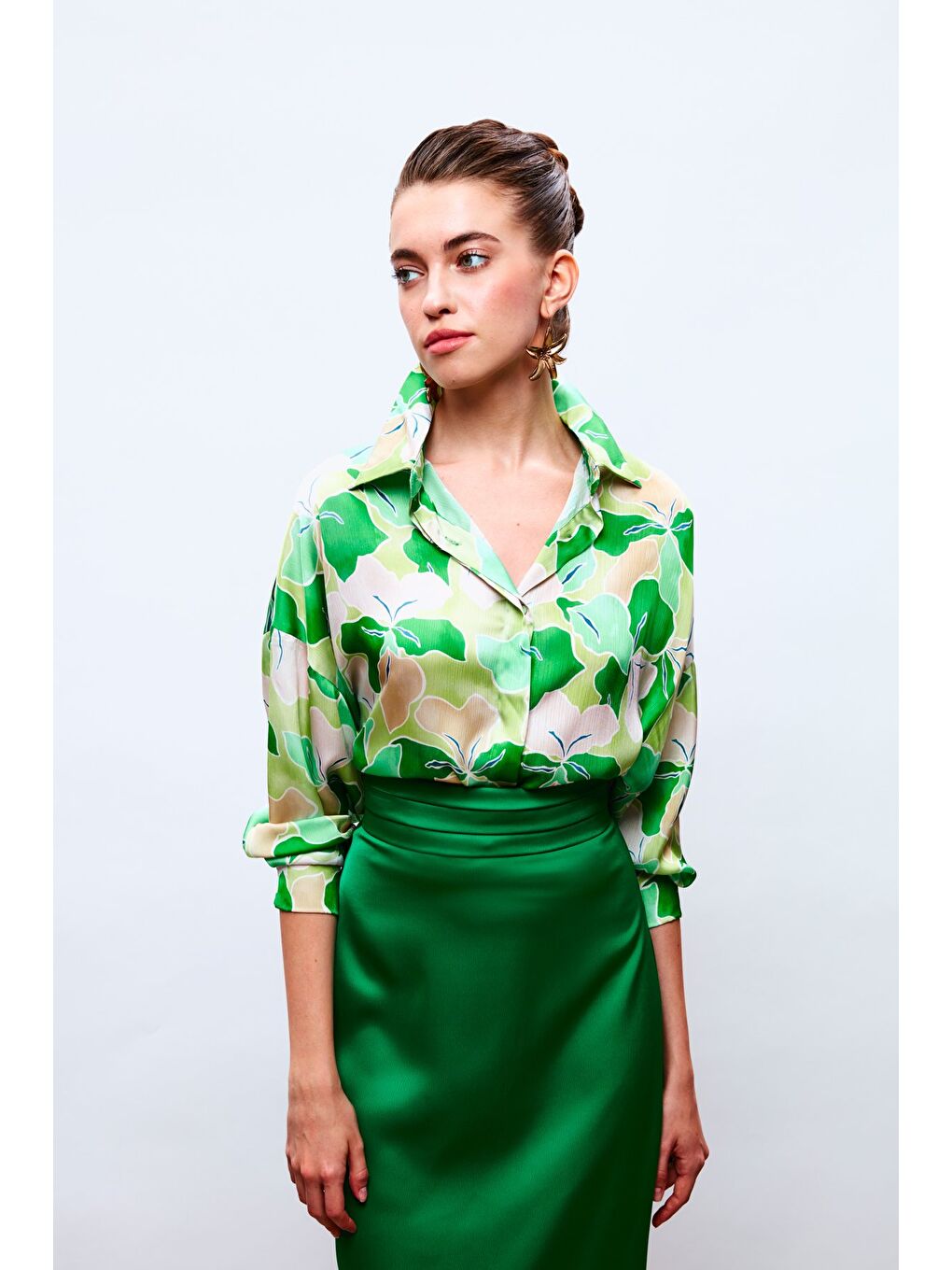 Çiçek Desenli Salaş Gömlek - Yeşil-Yağ Yeşili-2