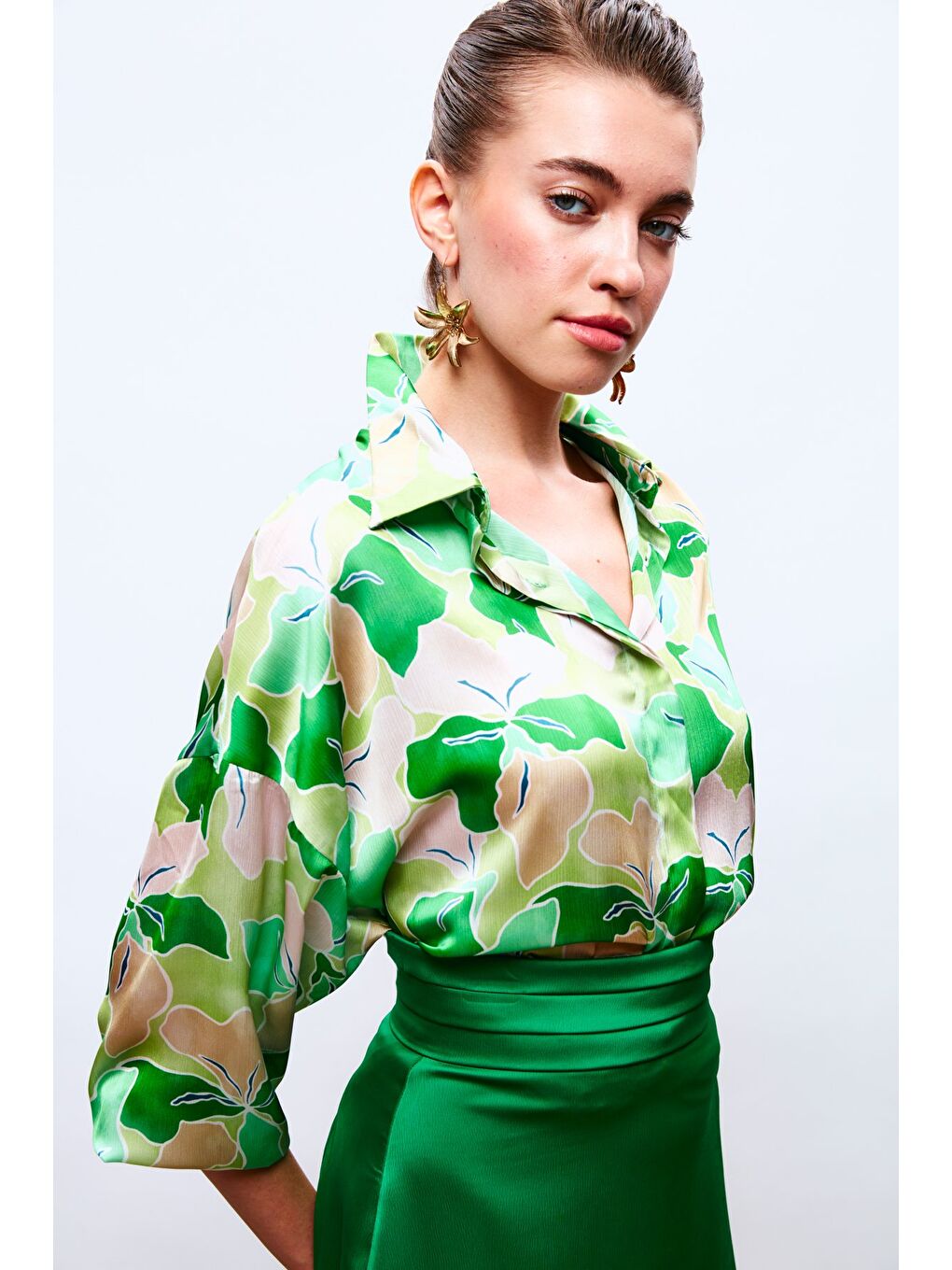 Çiçek Desenli Salaş Gömlek - Yeşil-Yağ Yeşili-5