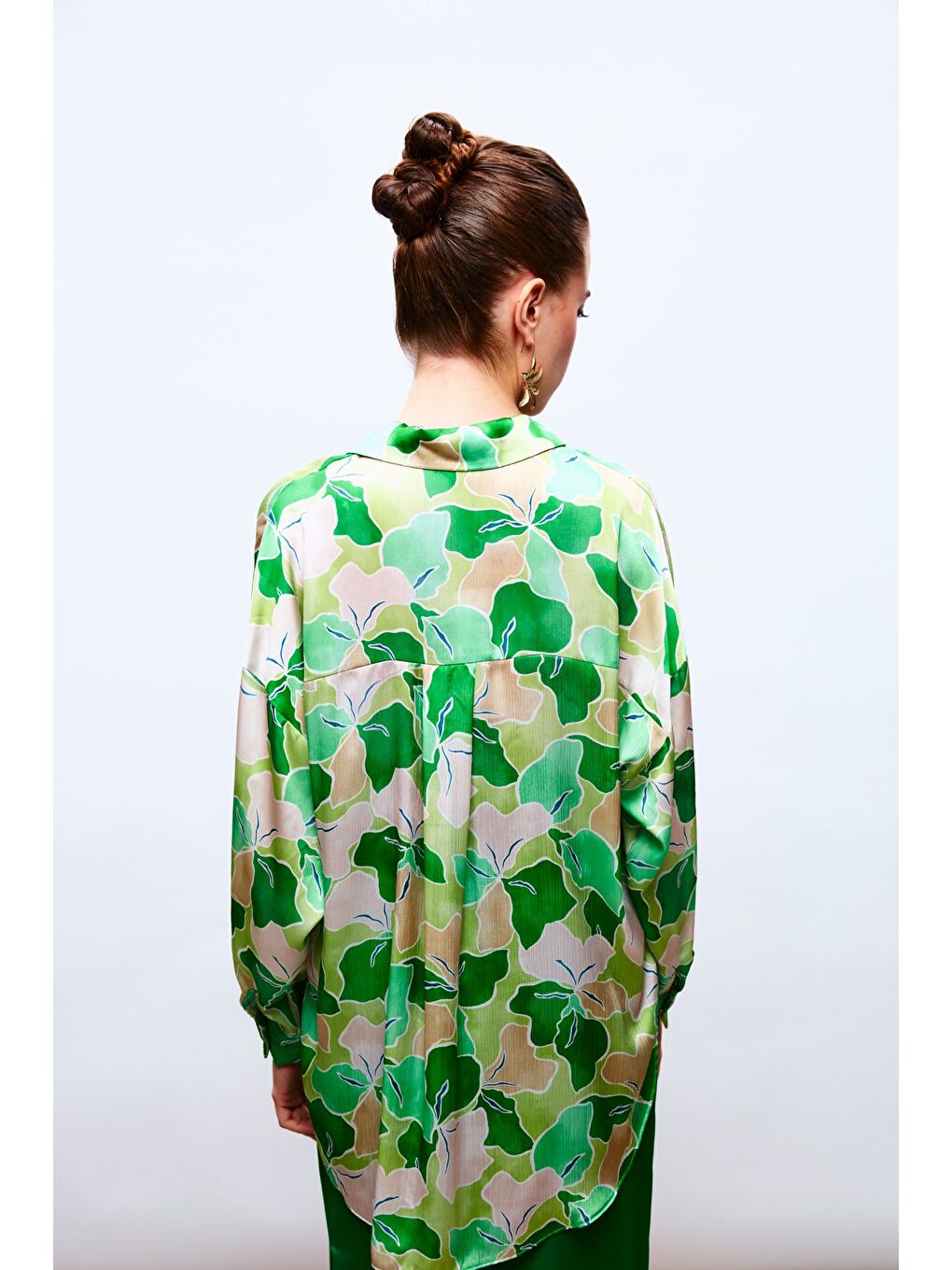 Çiçek Desenli Salaş Gömlek - Yeşil-Yağ Yeşili-6