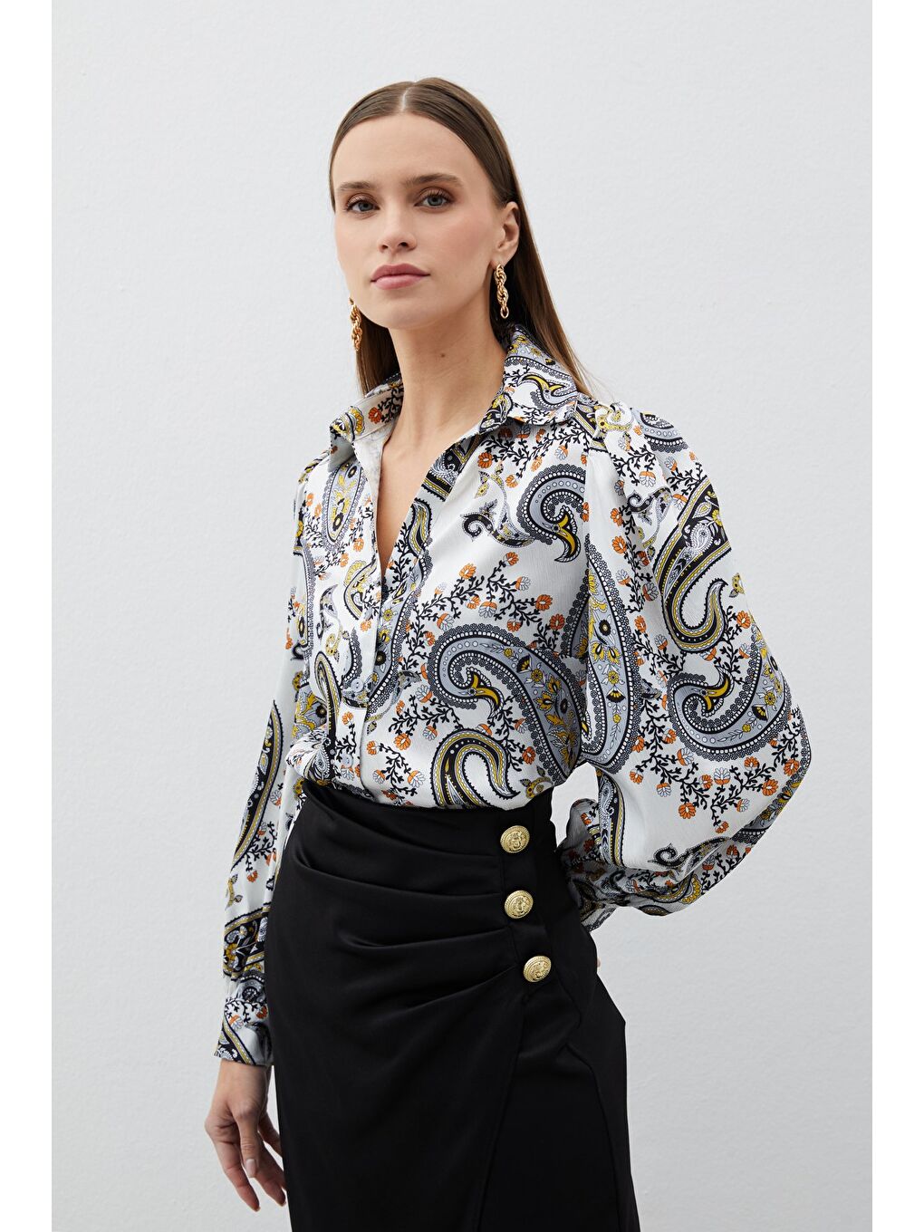 SATEEN Kabarık Kol Desenli Gömlek - Siyah - 3