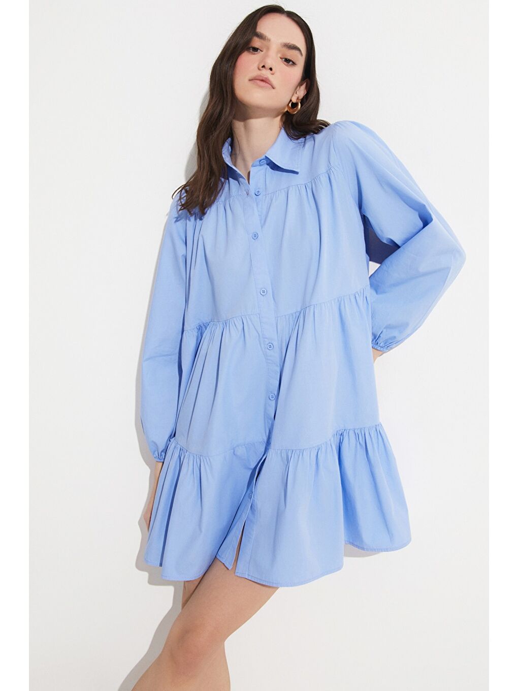 Mavi Volan Detaylı Poplin Gömlek Elbise-2