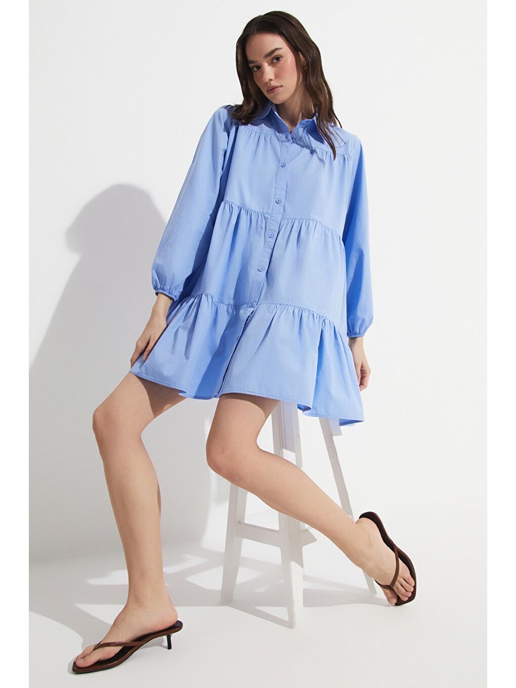 Mavi Volan Detaylı Poplin Gömlek Elbise-3