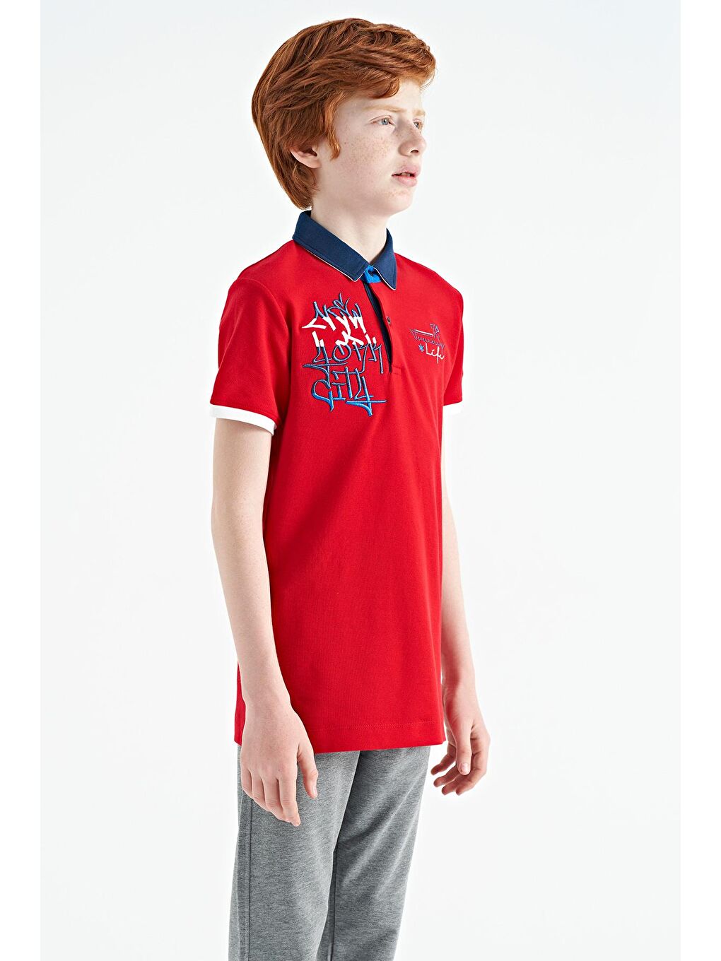 Kırmızı Yazı Nakış Detaylı Standart Kalıp Polo Yaka Erkek Çocuk Tişört - 11085-2