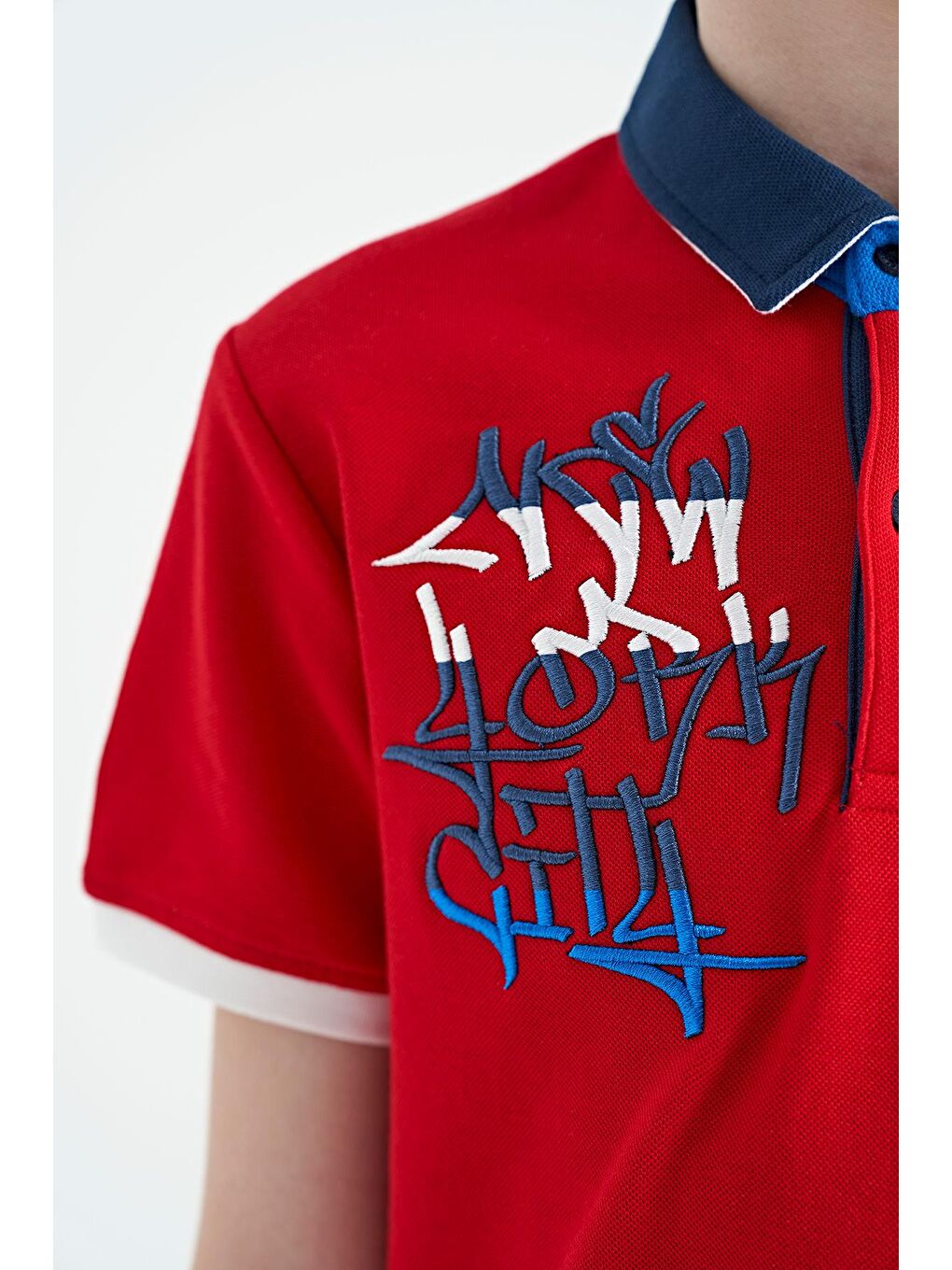 Kırmızı Yazı Nakış Detaylı Standart Kalıp Polo Yaka Erkek Çocuk Tişört - 11085-4