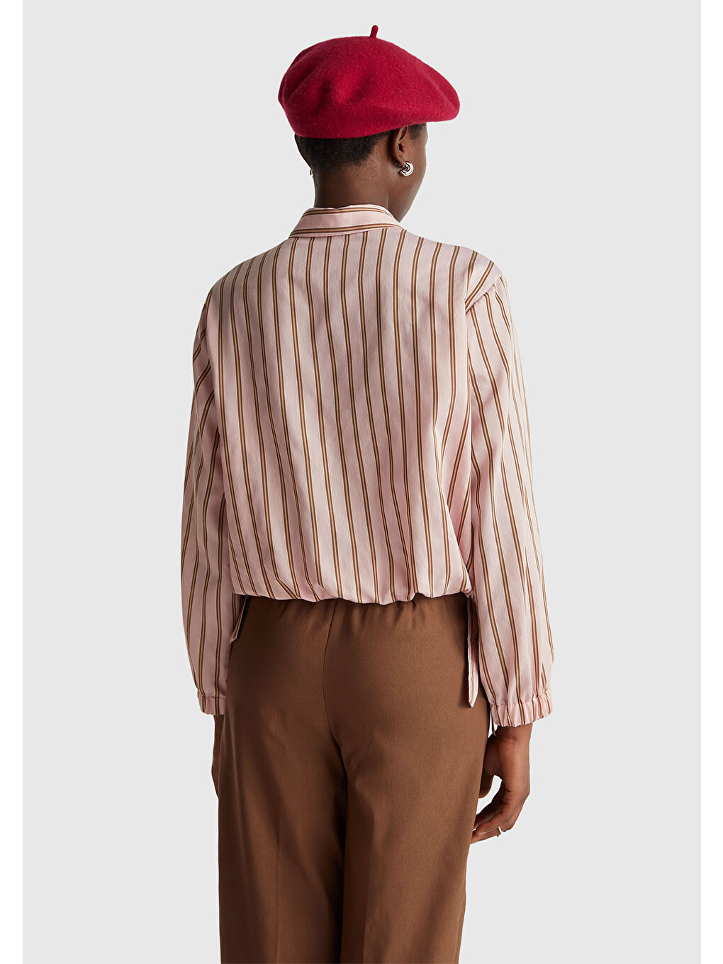 Kadın Pembe Viskoz Karışımlı Çizgili Altı Lastikli Relaxed Fit Gömlek-2