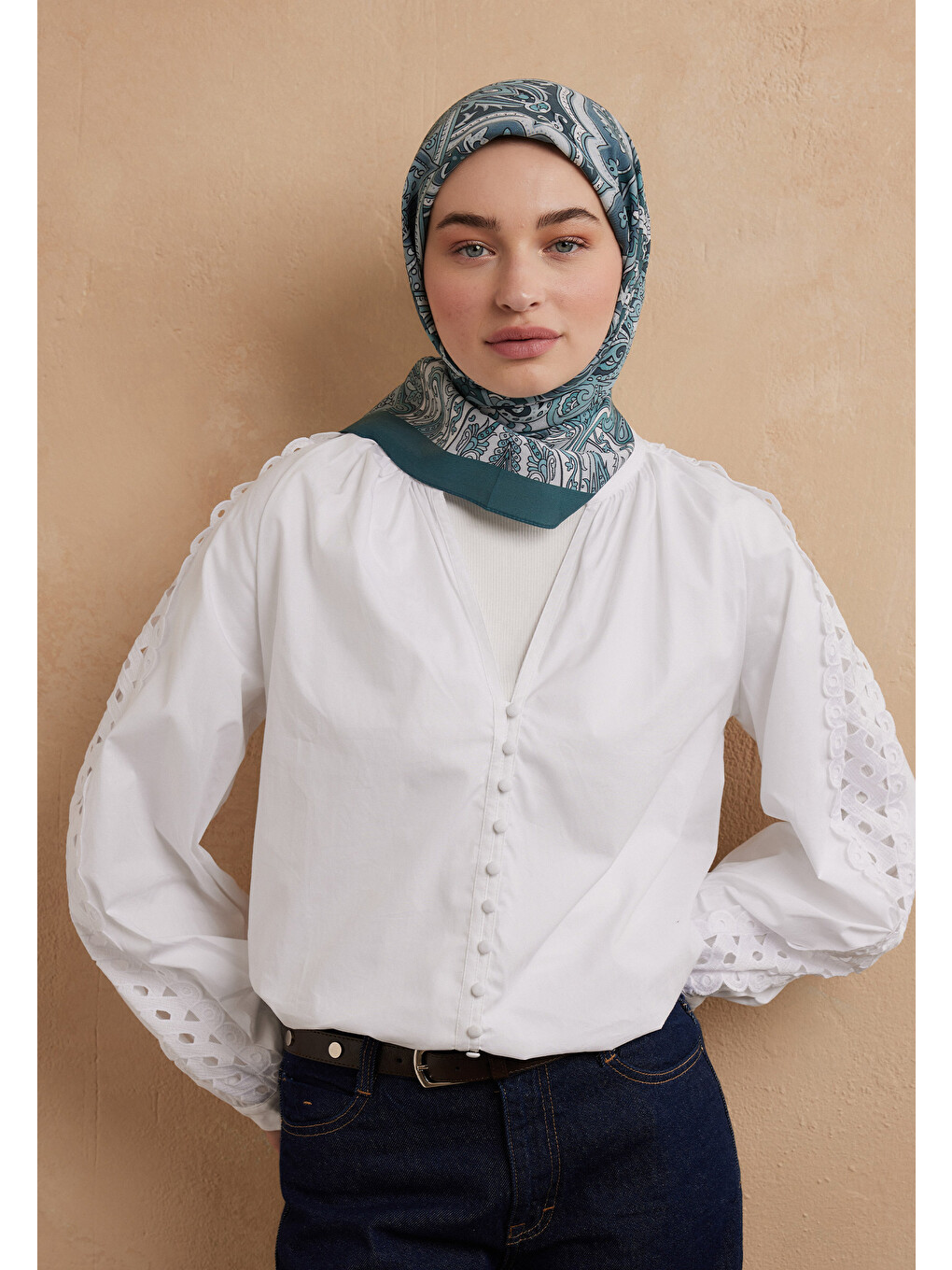 Mavi Etnıc Floral Desen Pamuk İpek Eşarp Aquamarin-1