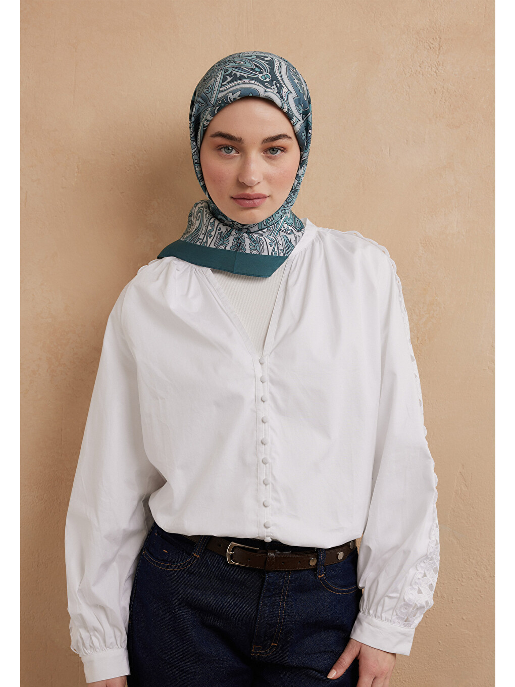 Mavi Etnıc Floral Desen Pamuk İpek Eşarp Aquamarin-3