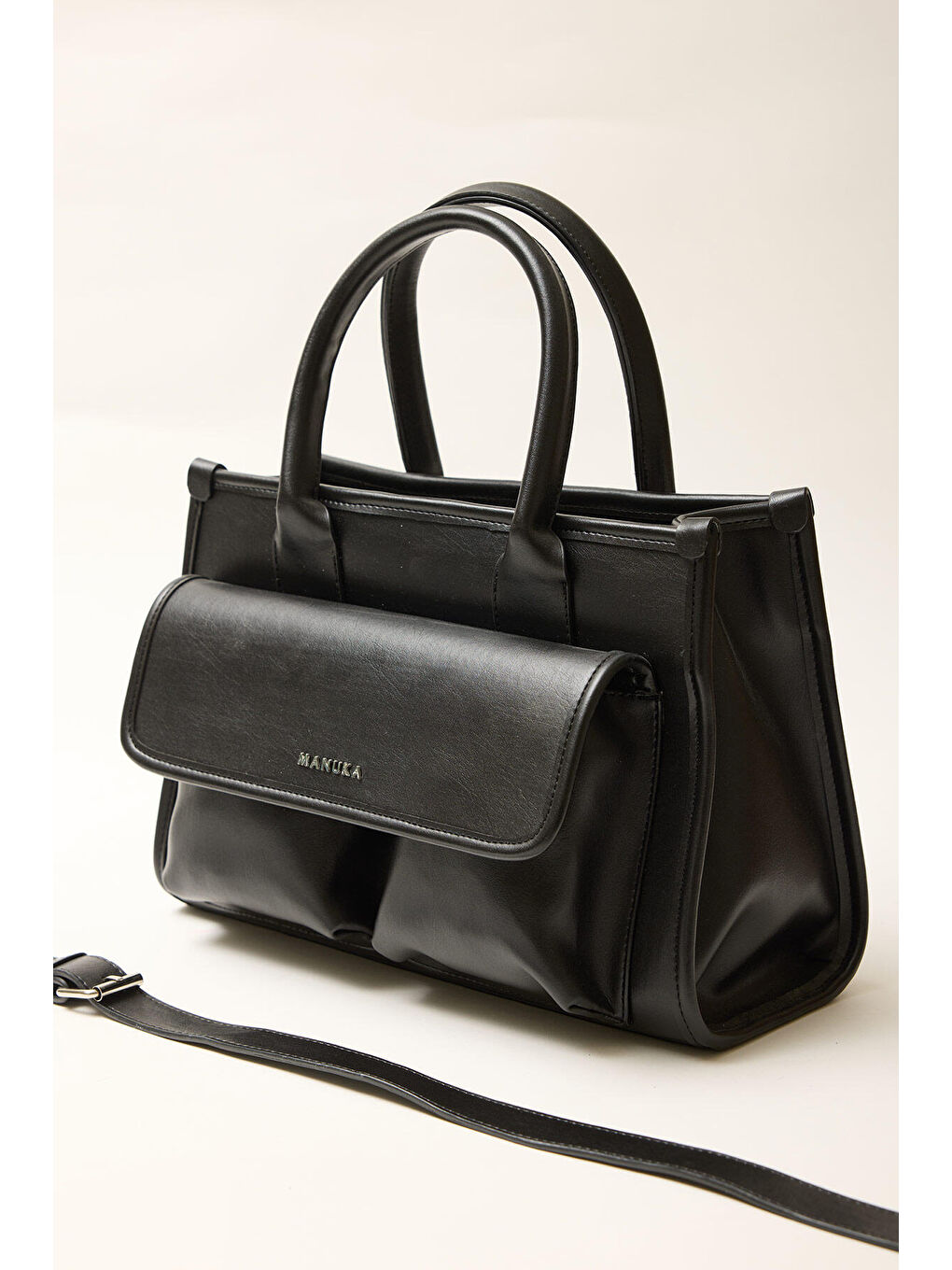 Geniş Cepli Deri Omuz Çantası Siyah-4