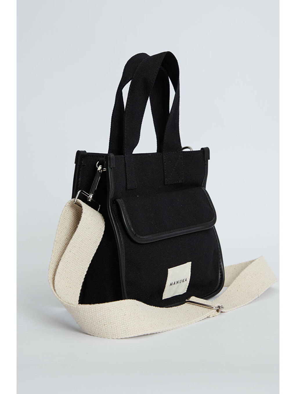 Cep Detaylı Kanvas Mini Çanta Siyah-1