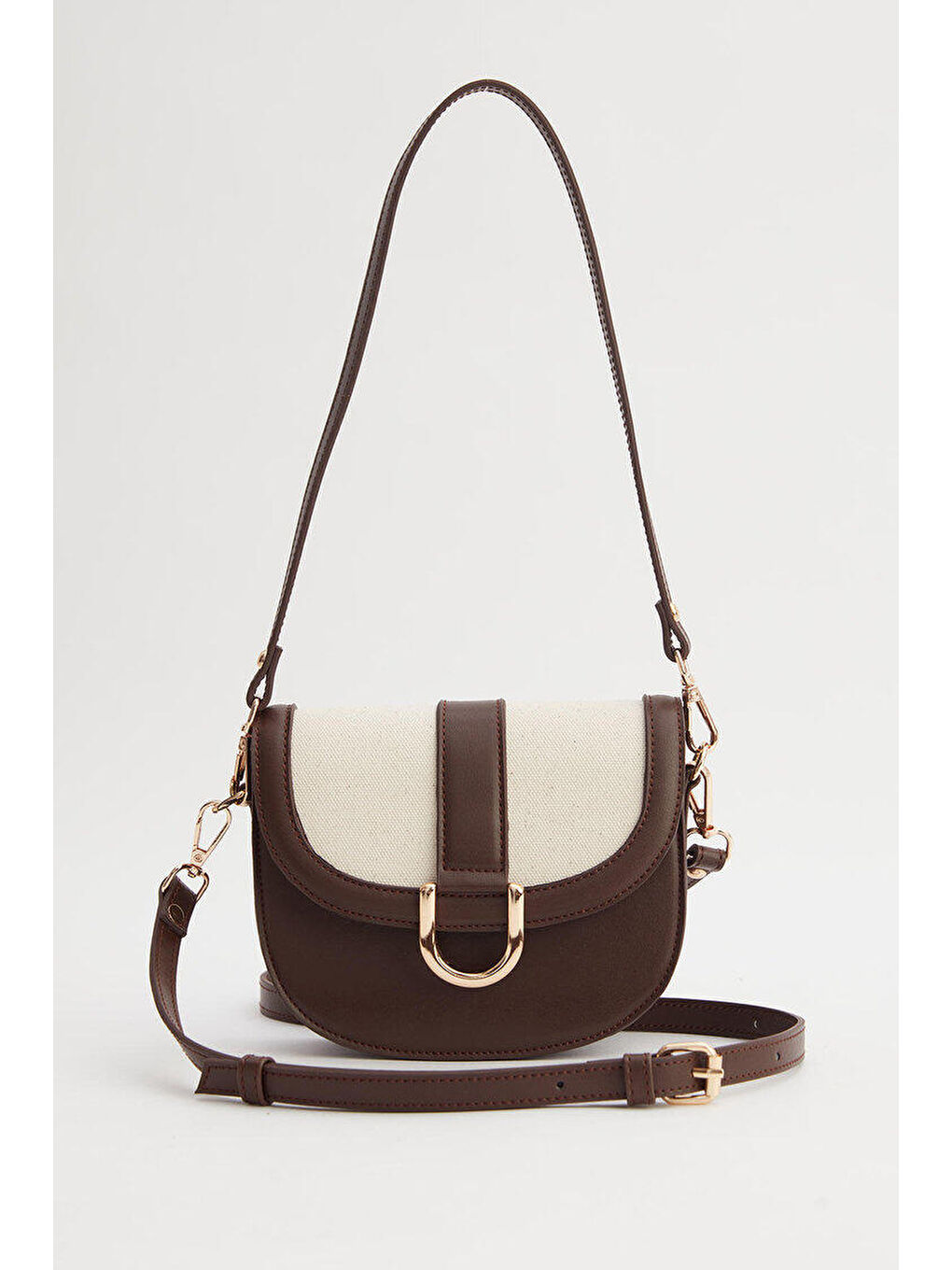 Kanvas Detaylı Tokalı Çanta Kahverengi-1