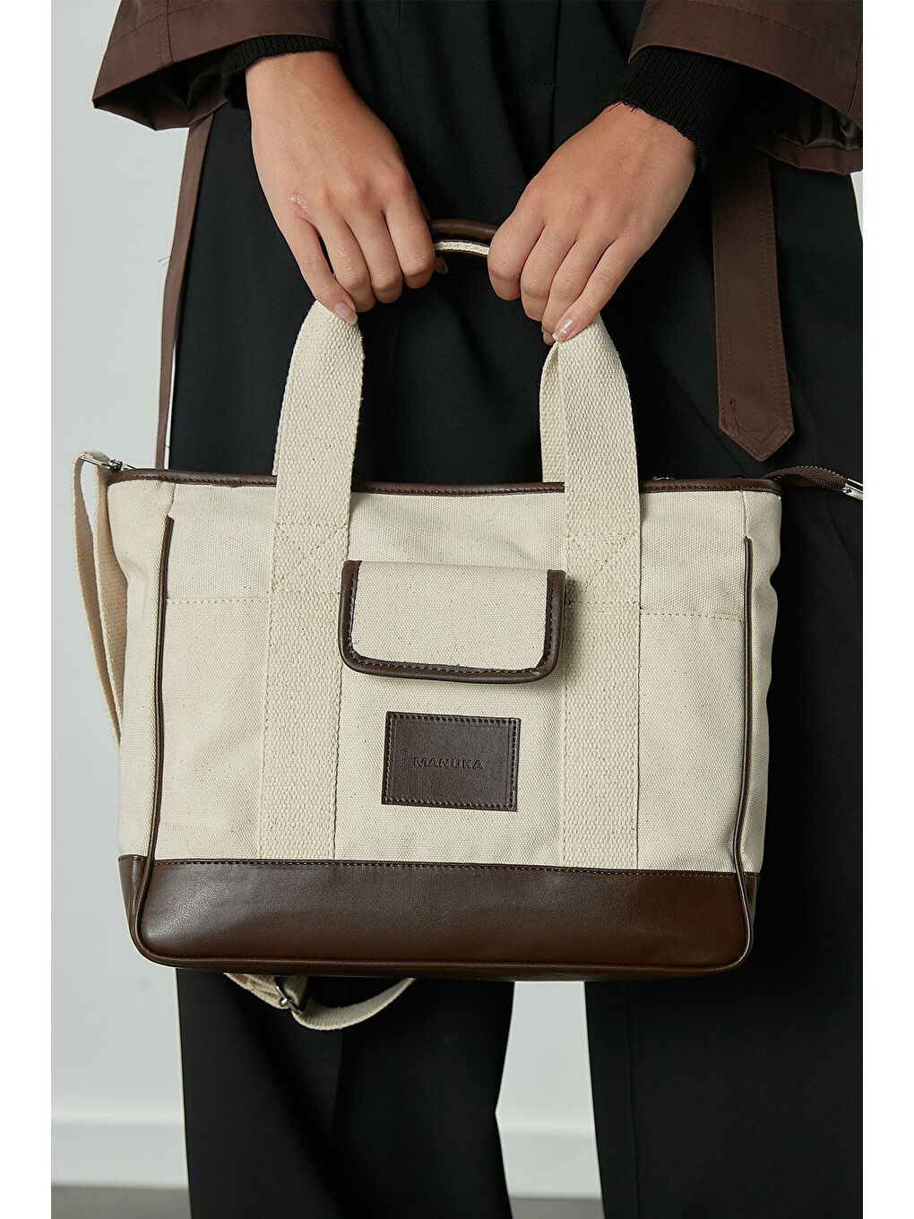 Kahverengi Çok Cepli Midi Kanvas Çanta Acı Kahve-1