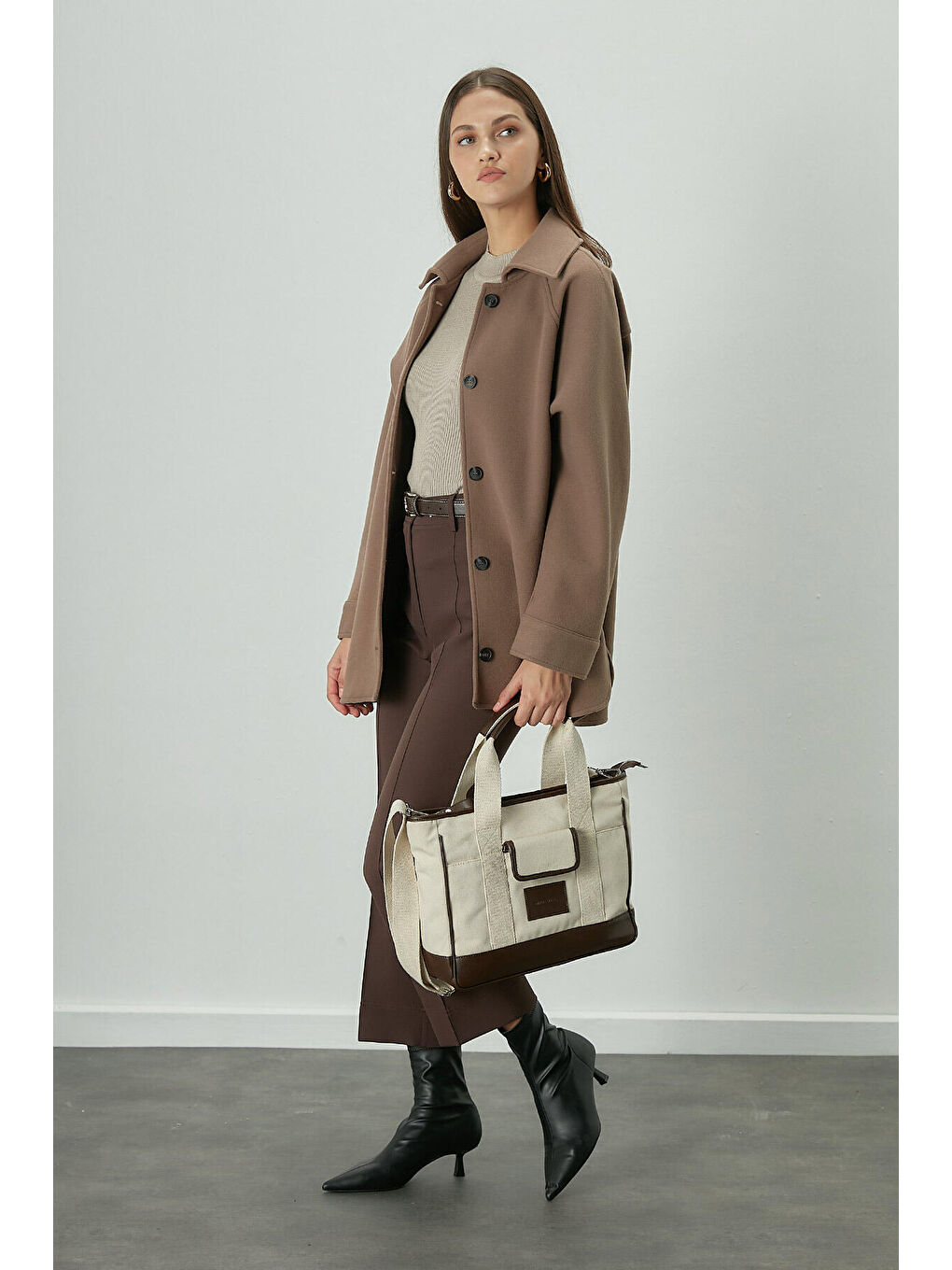 Kahverengi Çok Cepli Midi Kanvas Çanta Acı Kahve-2