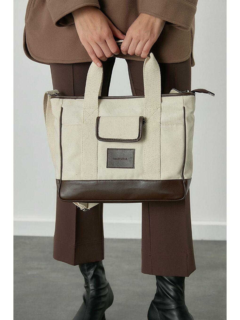 Kahverengi Çok Cepli Midi Kanvas Çanta Acı Kahve-3