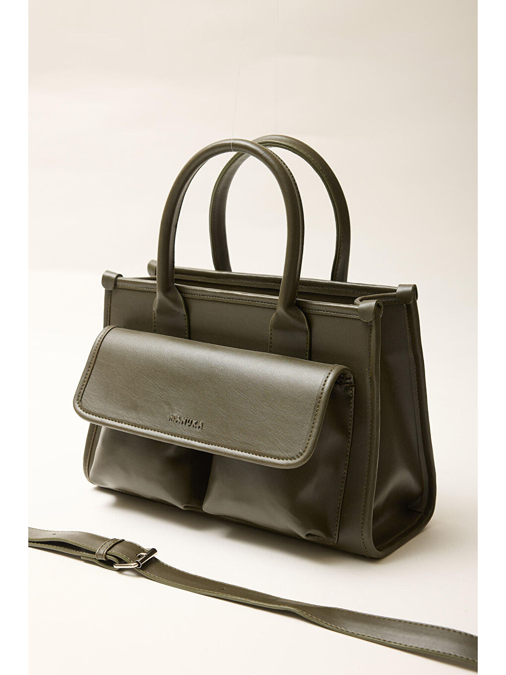 Geniş Cepli Deri Omuz Çantası Yeşil-1