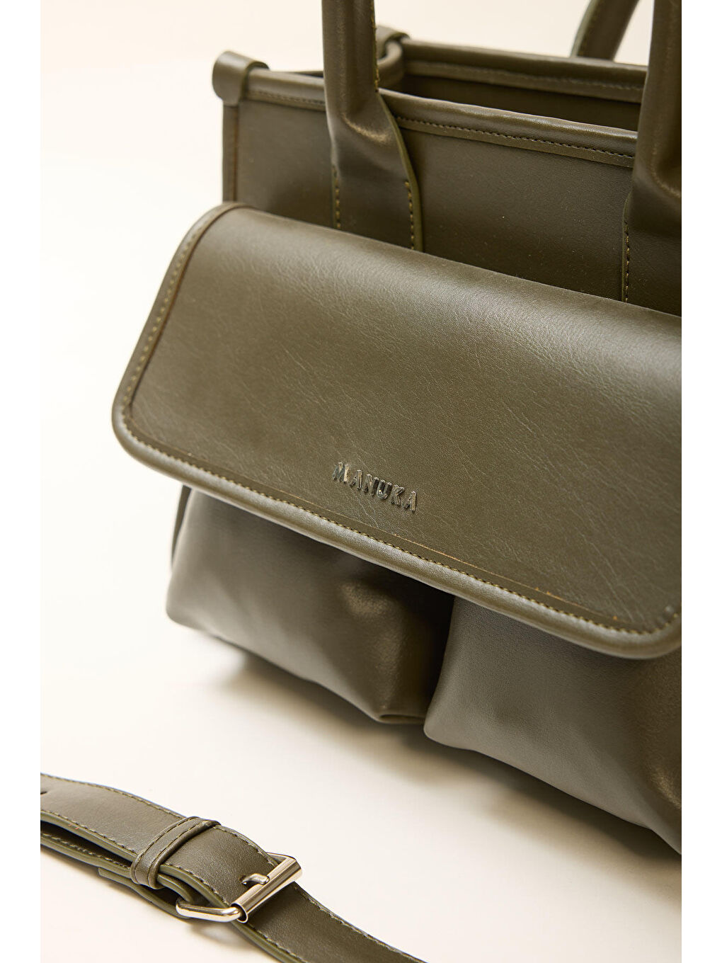 Geniş Cepli Deri Omuz Çantası Yeşil-2