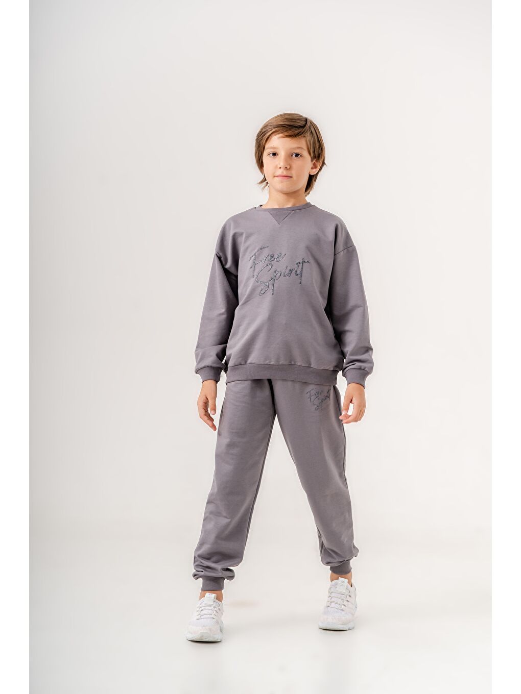 Gri Göğüs Yazı Baskılı Bacak Baskı Detaylı Erkek Çocuk Alt Üst Eşofman Takımı