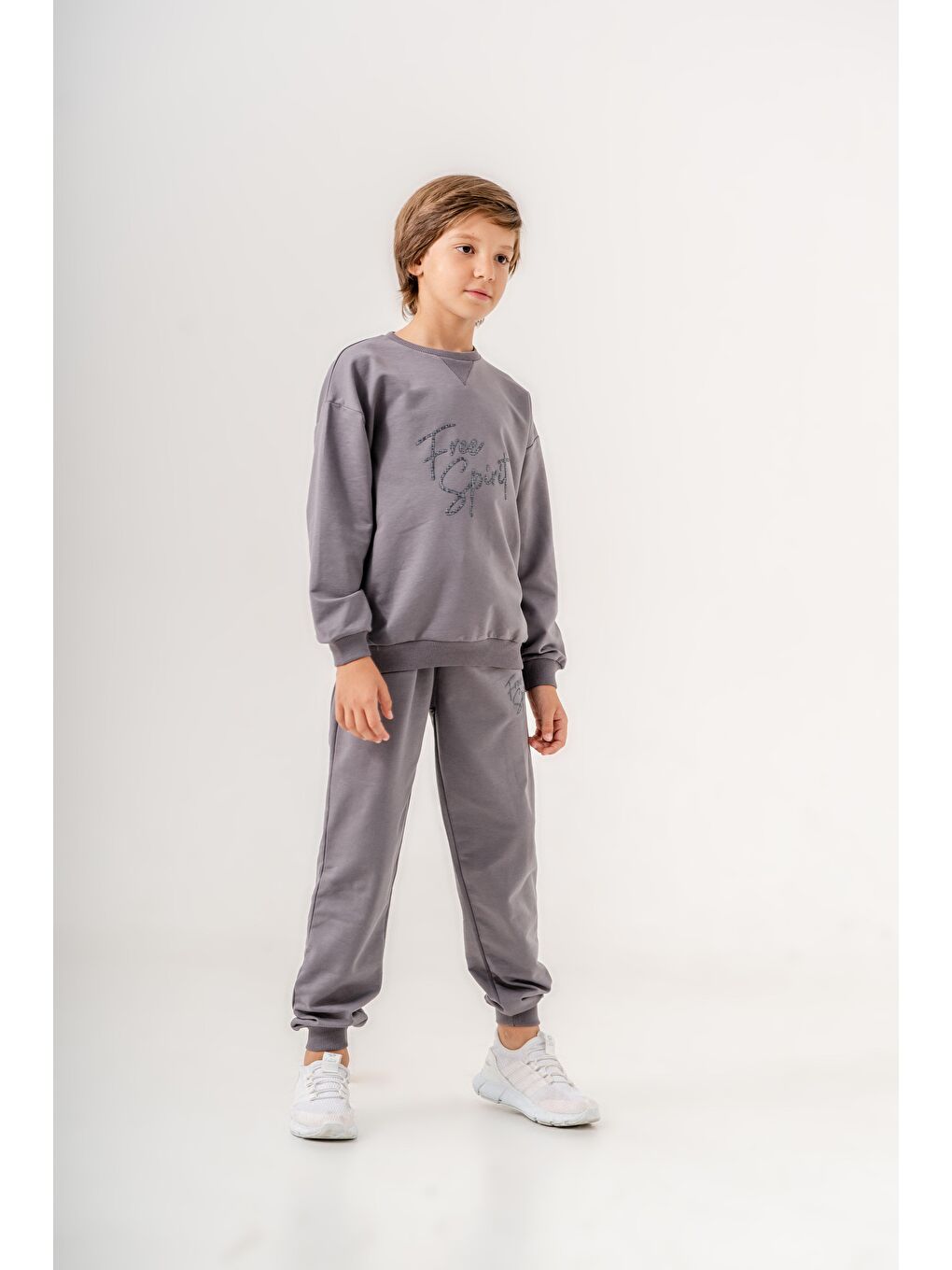 Gri Göğüs Yazı Baskılı Bacak Baskı Detaylı Erkek Çocuk Alt Üst Eşofman Takımı-1