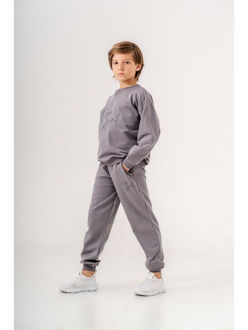 Gri Göğüs Yazı Baskılı Bacak Baskı Detaylı Erkek Çocuk Alt Üst Eşofman Takımı-2