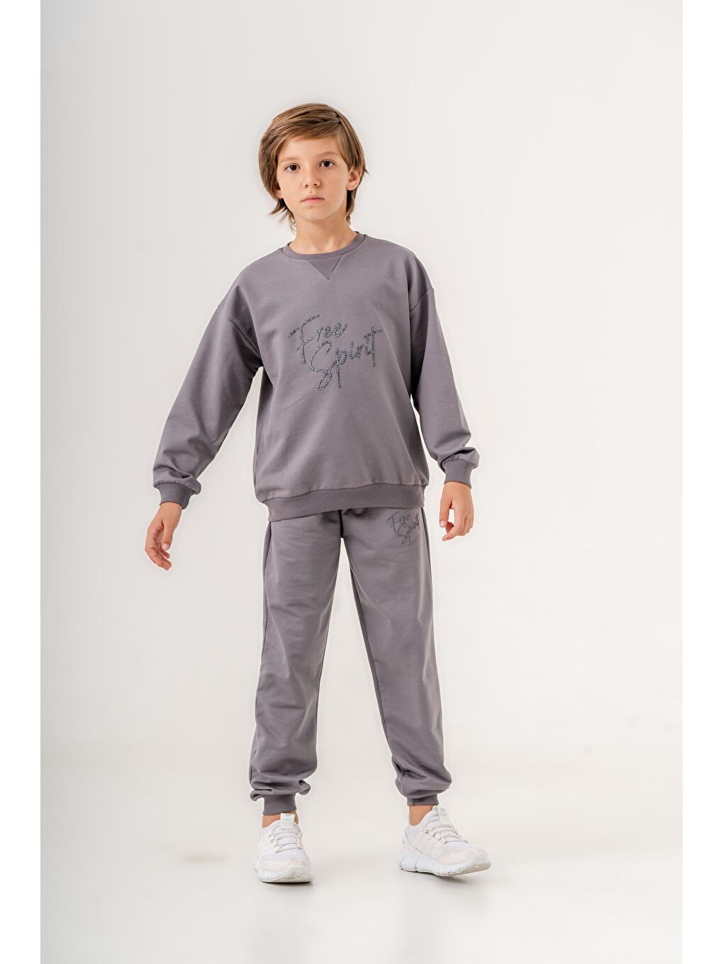 Gri Göğüs Yazı Baskılı Bacak Baskı Detaylı Erkek Çocuk Alt Üst Eşofman Takımı-3