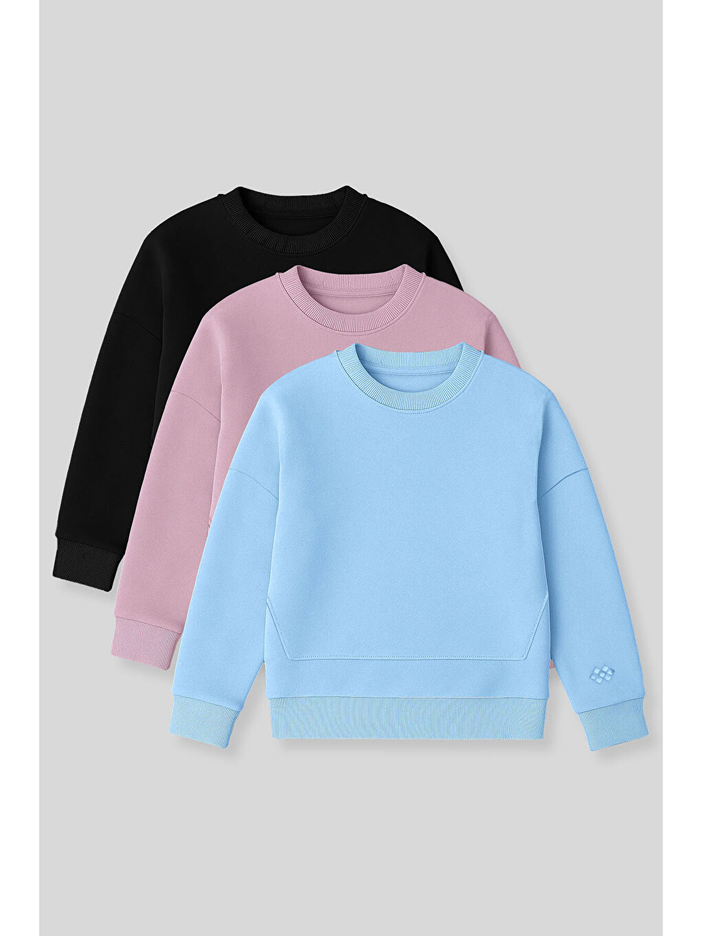Oversize 3lü Paket Siyah-Gül Kurusu-Açık Mavi Kız Çocuk Sweatshirt - 75150