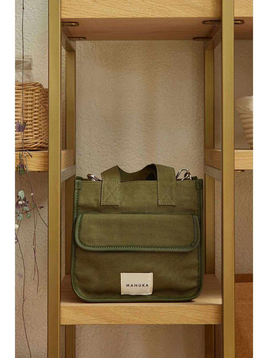 Cep Detaylı Kanvas Mini Çanta Haki