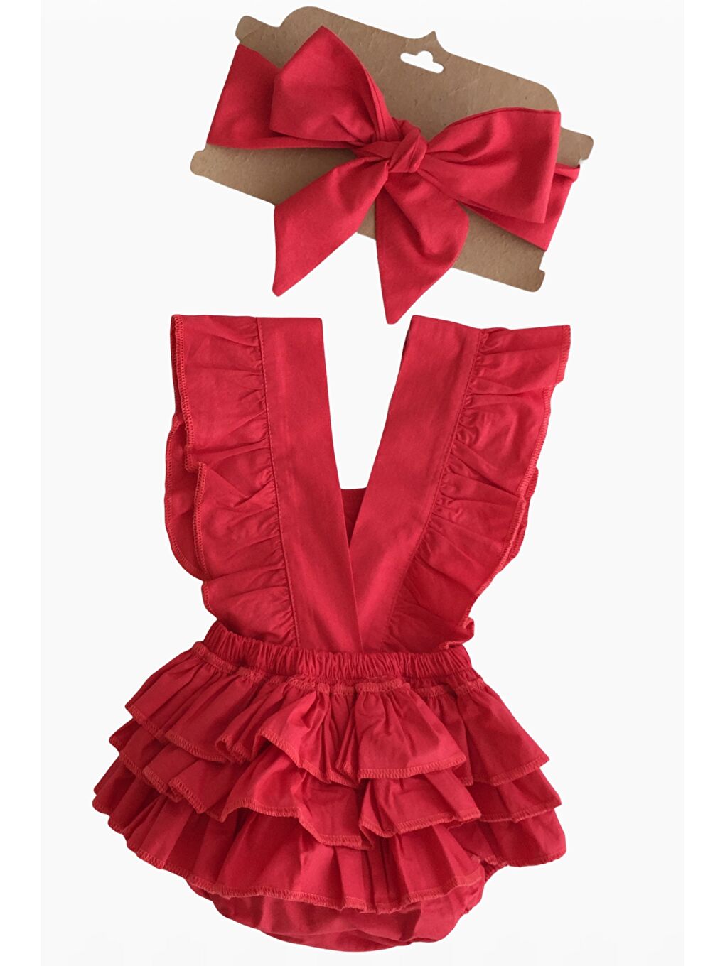 Kız Bebek Kırmızı Pamuklu Salopet Bandana Yılbaşı Takım-2