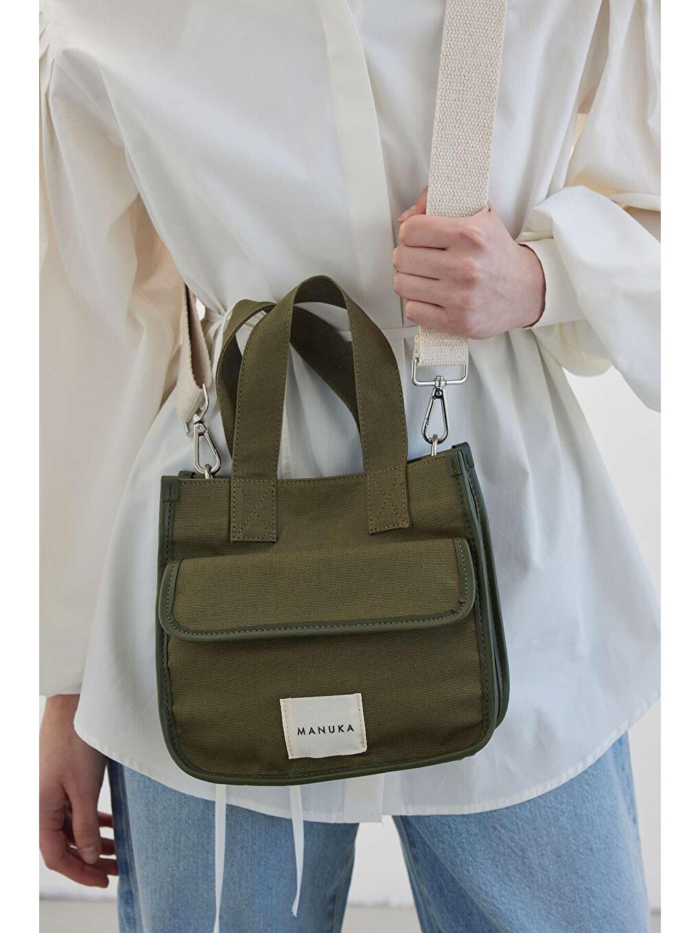 Cep Detaylı Kanvas Mini Çanta Haki-1