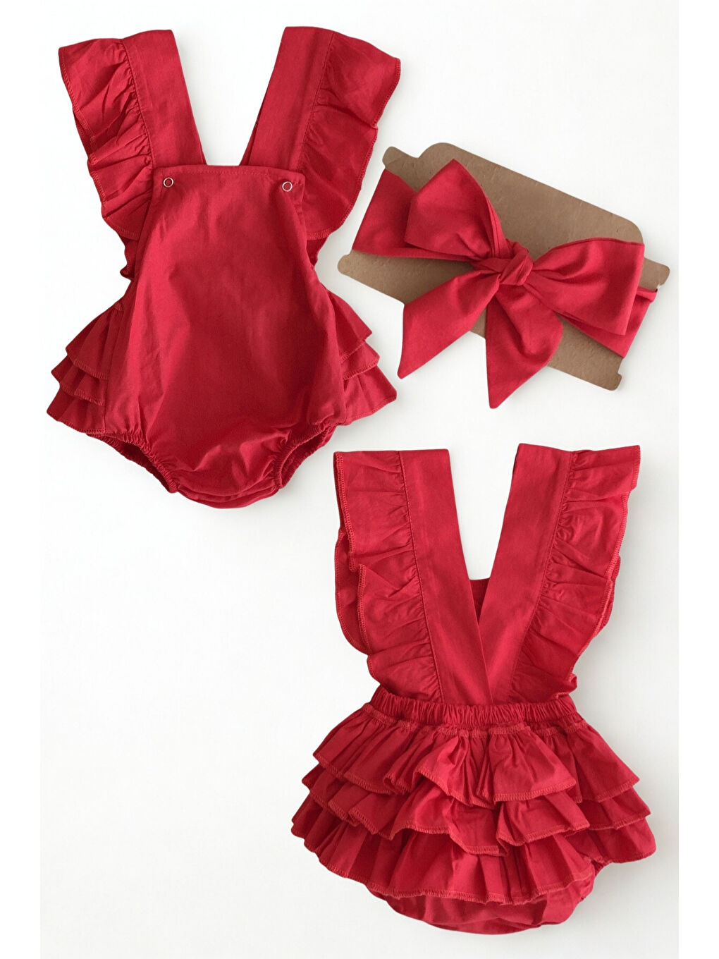 Kız Bebek Kırmızı Pamuklu Salopet Bandana Yılbaşı Takım-4