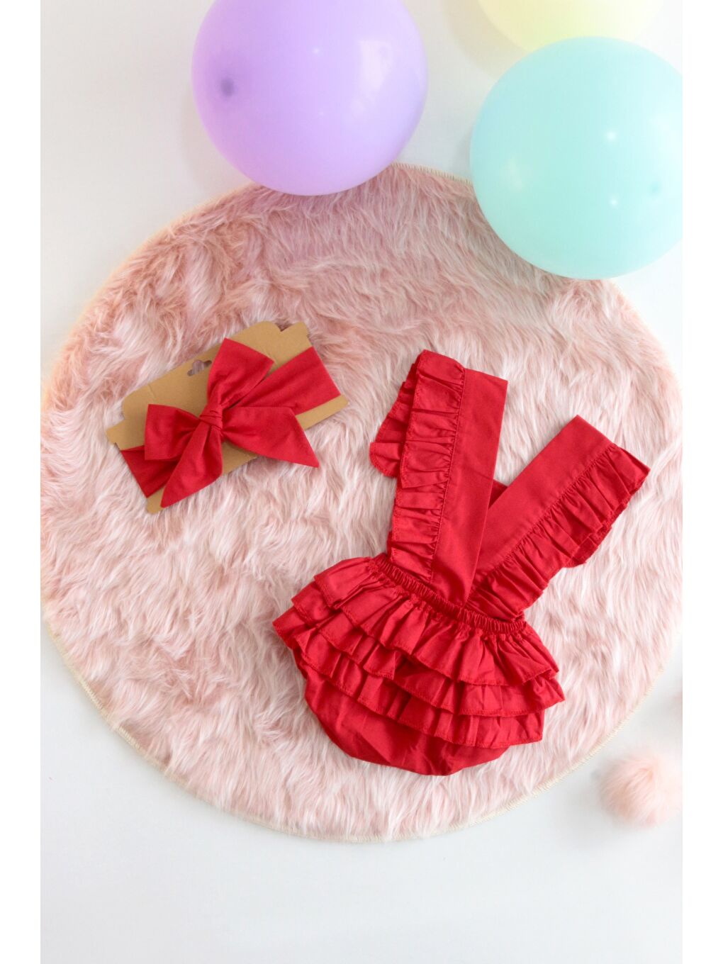 Kız Bebek Kırmızı Pamuklu Salopet Bandana Yılbaşı Takım-5