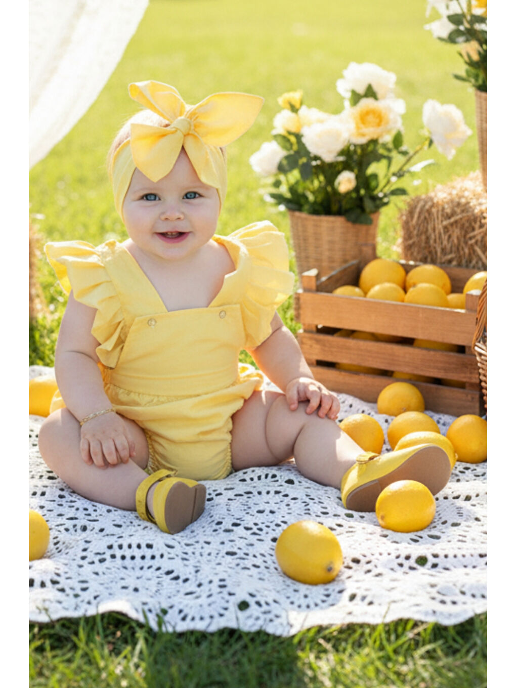 Kız Bebek Sarı Pamuklu Salopet Bandana Takım