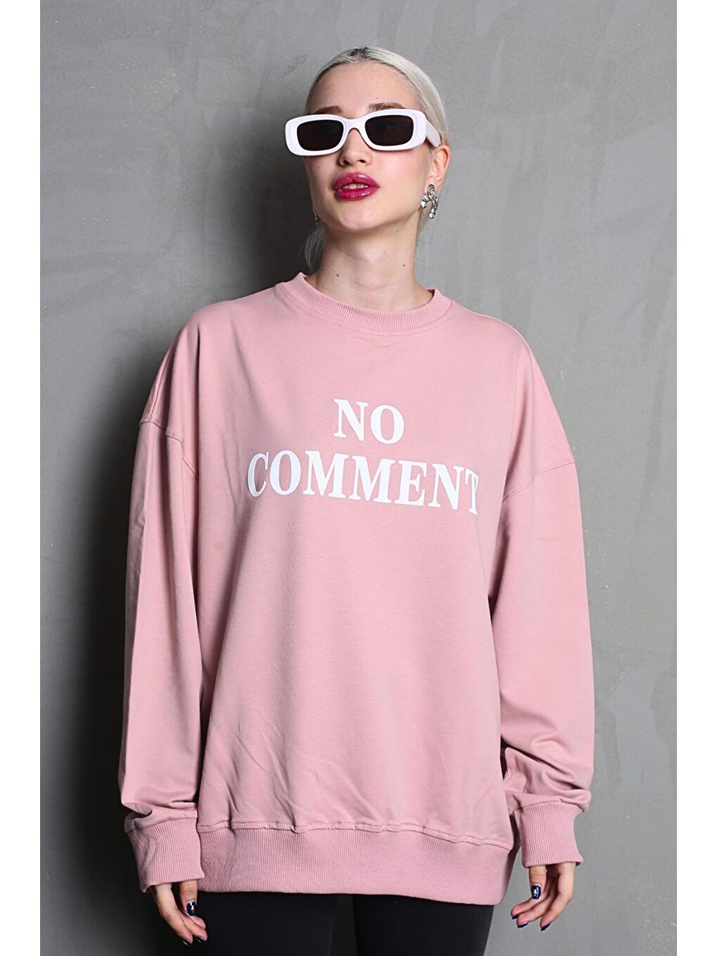 Pembe Bisiklet Yaka Baskılı Oversize Kadın Sweatshirt Mg1902-1