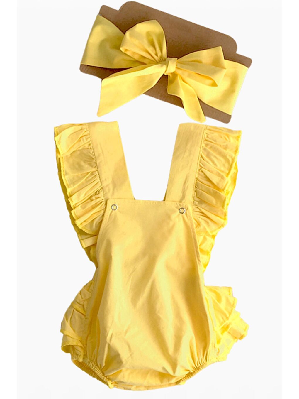Kız Bebek Sarı Pamuklu Salopet Bandana Takım-1