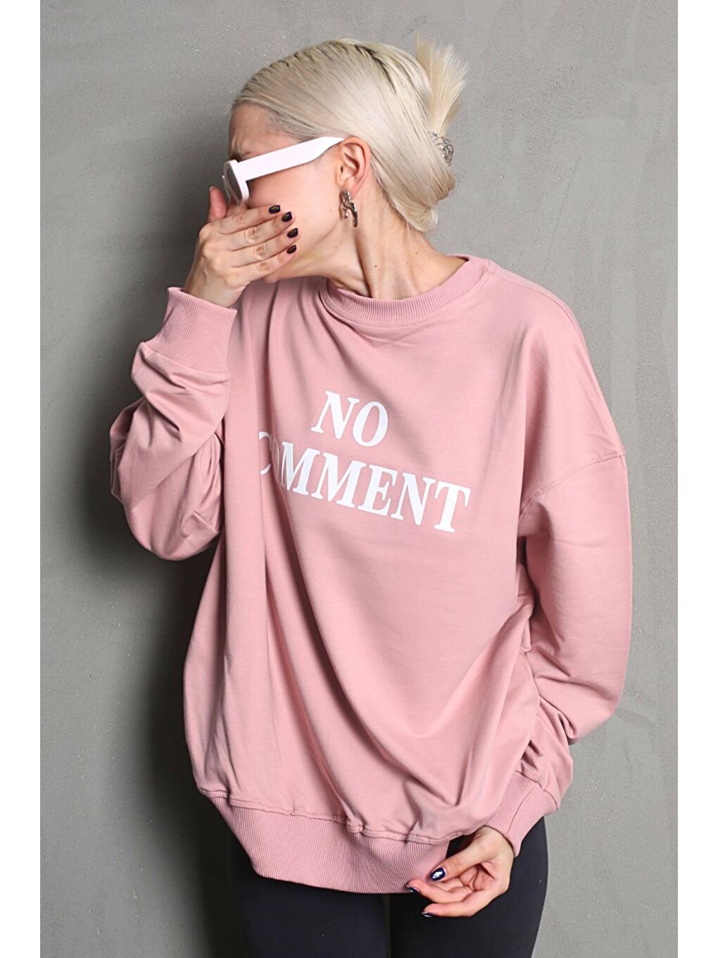 Pembe Bisiklet Yaka Baskılı Oversize Kadın Sweatshirt Mg1902-2
