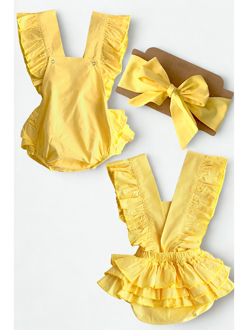 Kız Bebek Sarı Pamuklu Salopet Bandana Takım-4