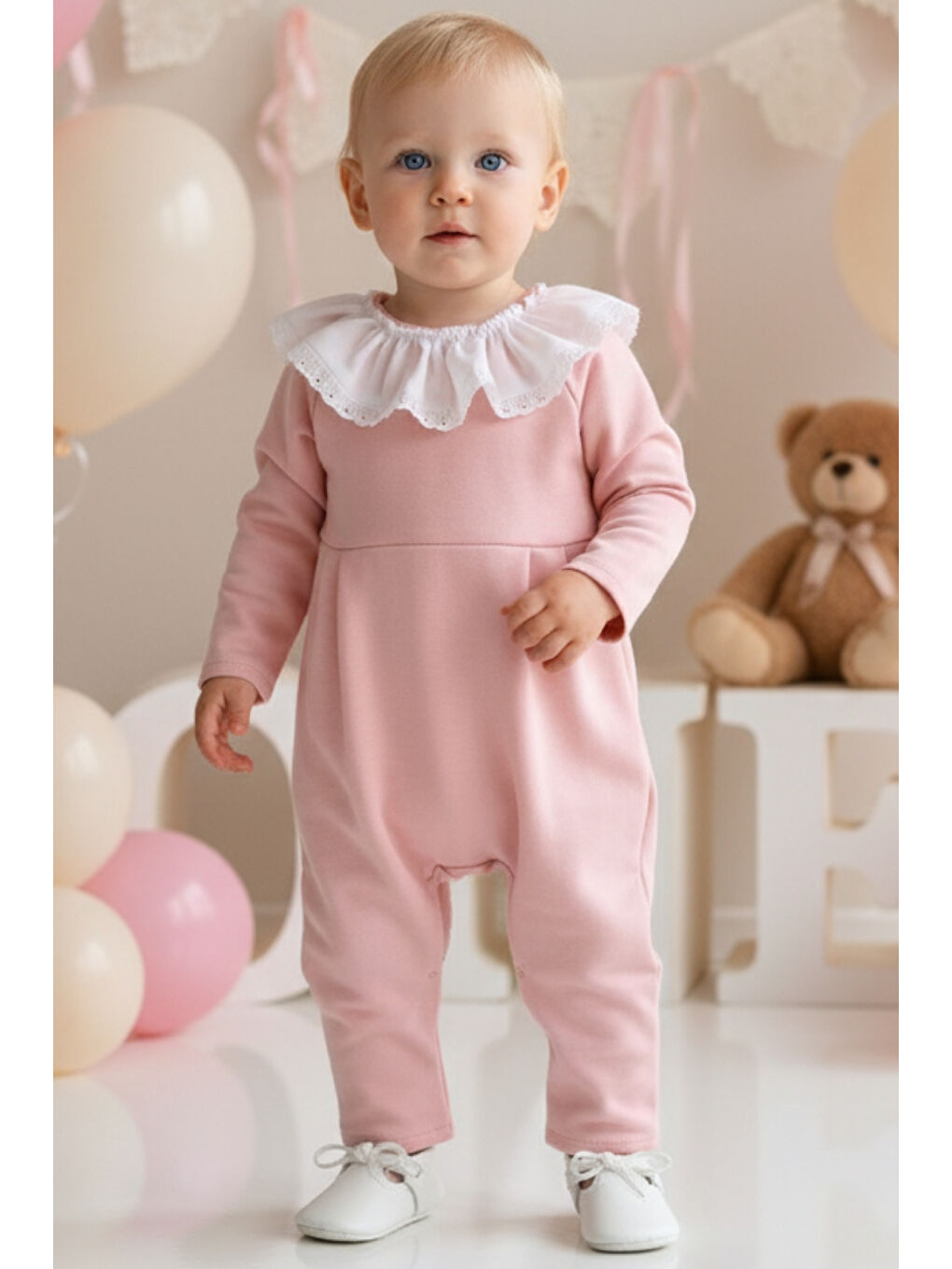 Pembe Kız Bebek Fisto Detay Uzun Kollu Çıtçıtlı Yakalı Tulum