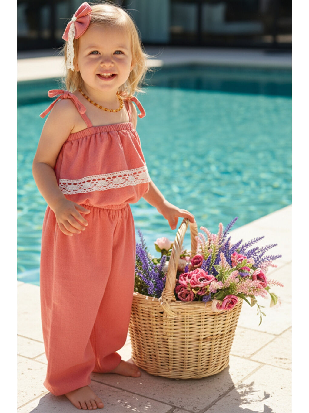 Pembe Kız Çocuk Pera Somon Şile Bezi Askılı Dantel Detaylı Tulum Toka Takım-1