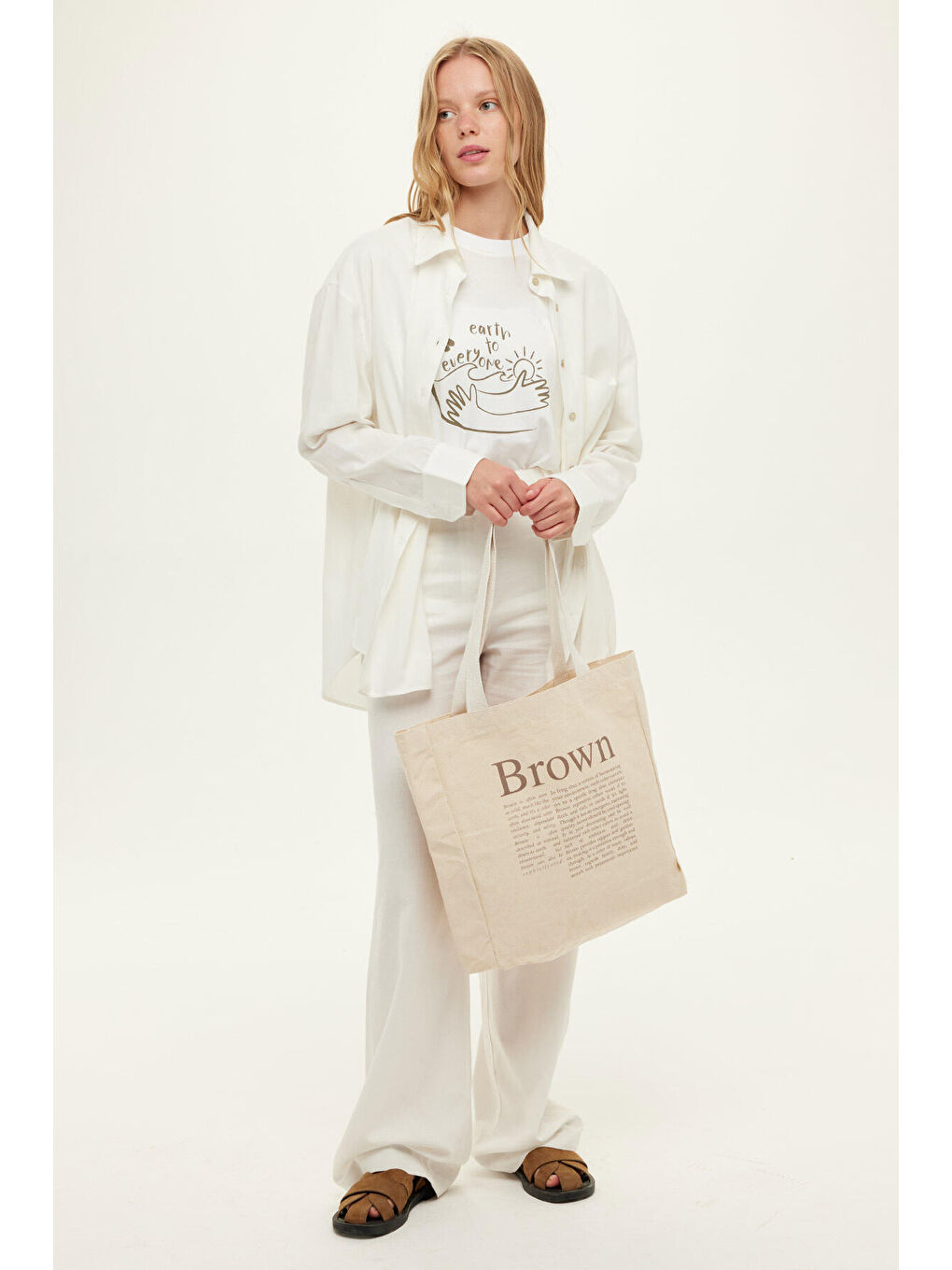 Bej Baskılı Körüklü Bez Çanta Brown-3