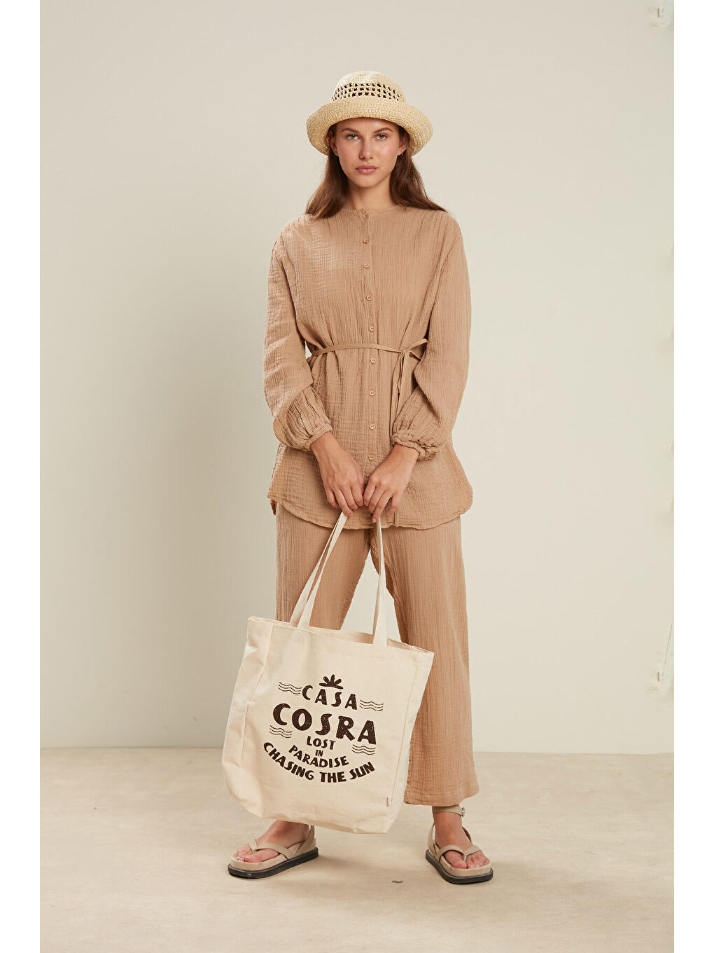 Kahverengi Baskılı Körüklü Bez Çanta Casa-Kahve-1