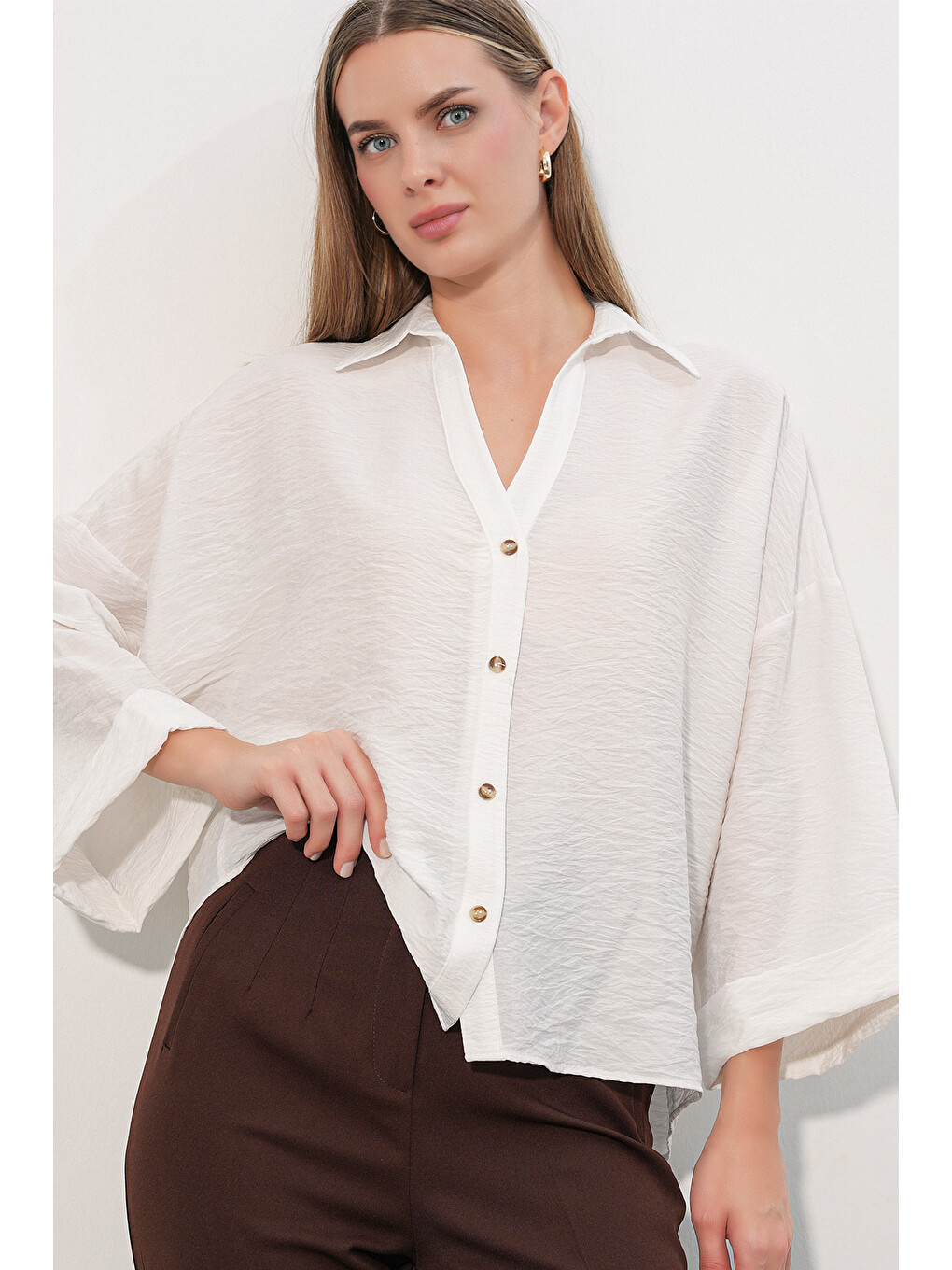 Kadın Geniş Kol Oversize Gömlek 20401 - Beyaz-2